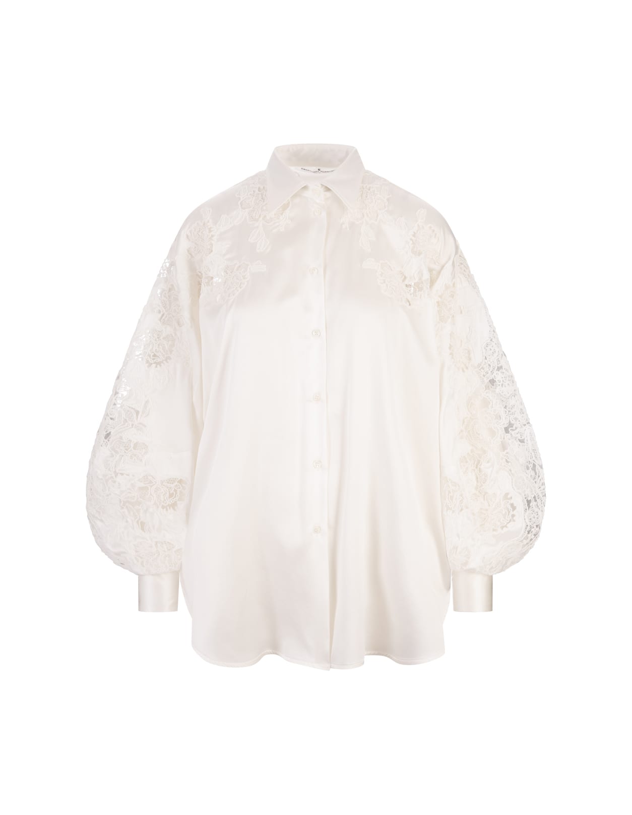 Shop Ermanno Scervino White Silk Shirt With Puff Sleeves And Rebrodé Lace