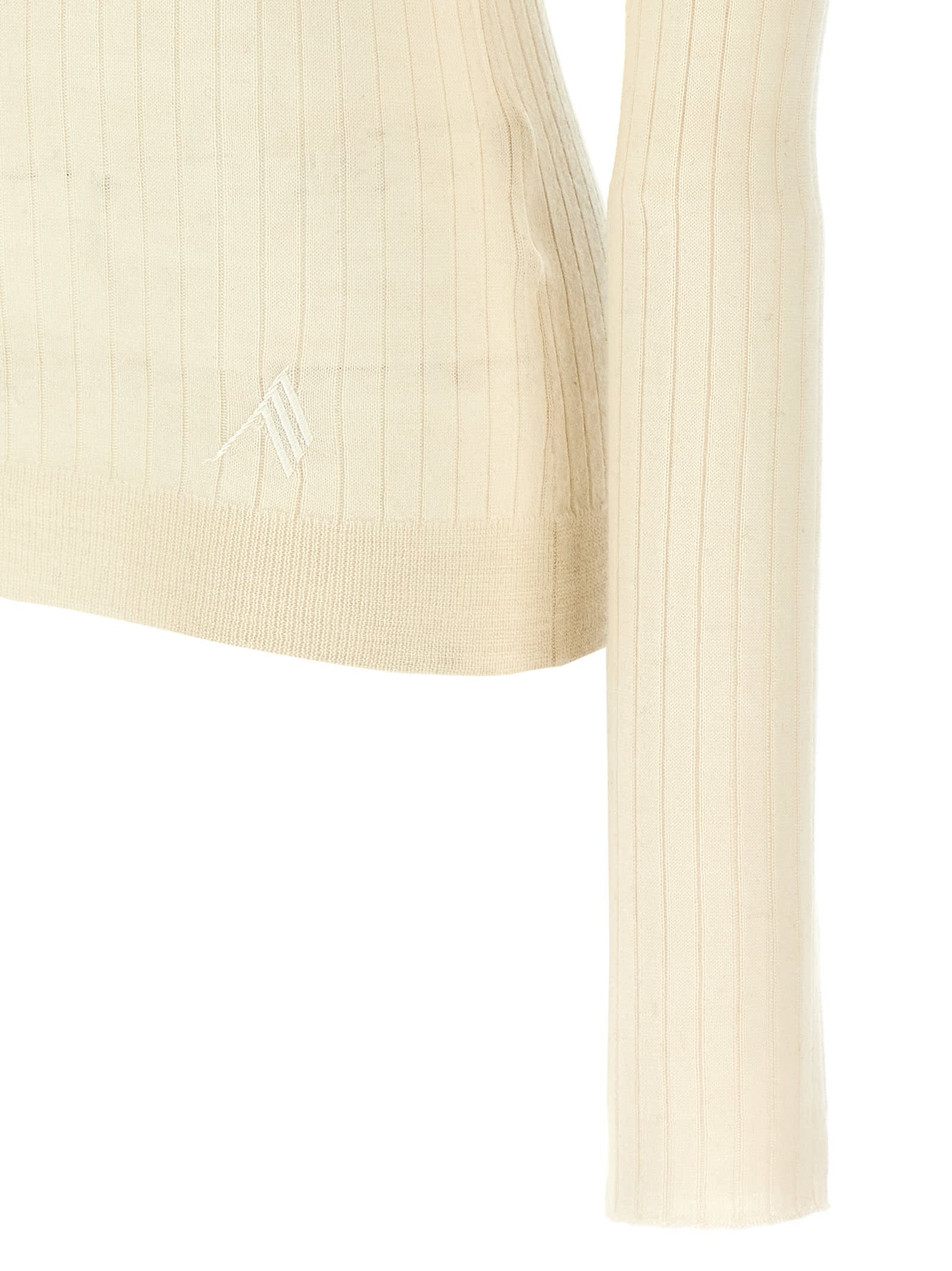 Attico Collared Ribbed Knit Sweater With Long Sleeves In White