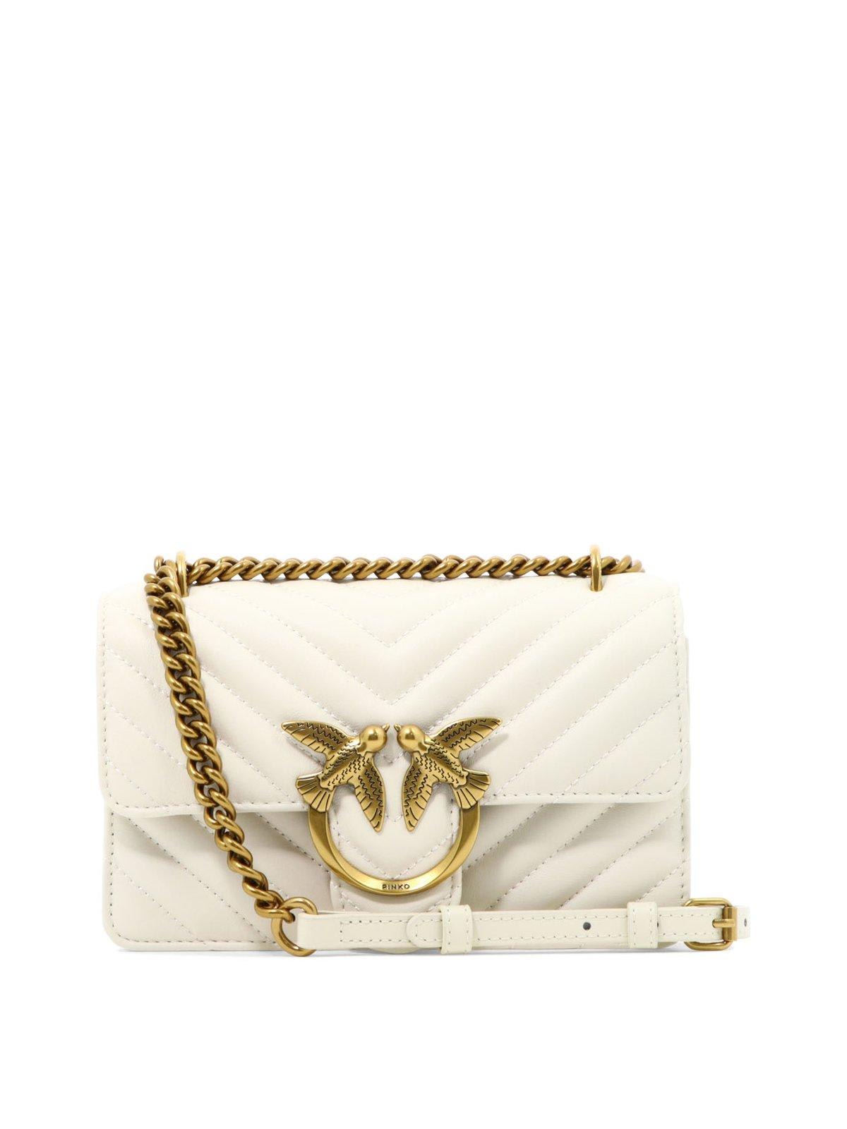 Pinko Lovebird Quilted Chain-linked Shoulder Bag In Neutral