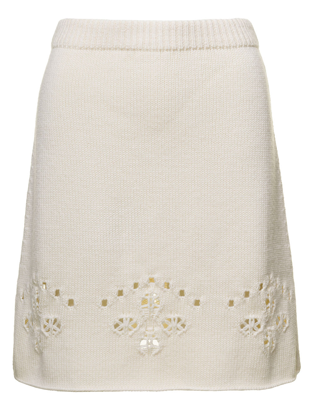 CHLOÉ WHITE A-LINE KNIT MINI-SKIRT WITH PERFORATED MOTIFS IN WOOL WOMAN