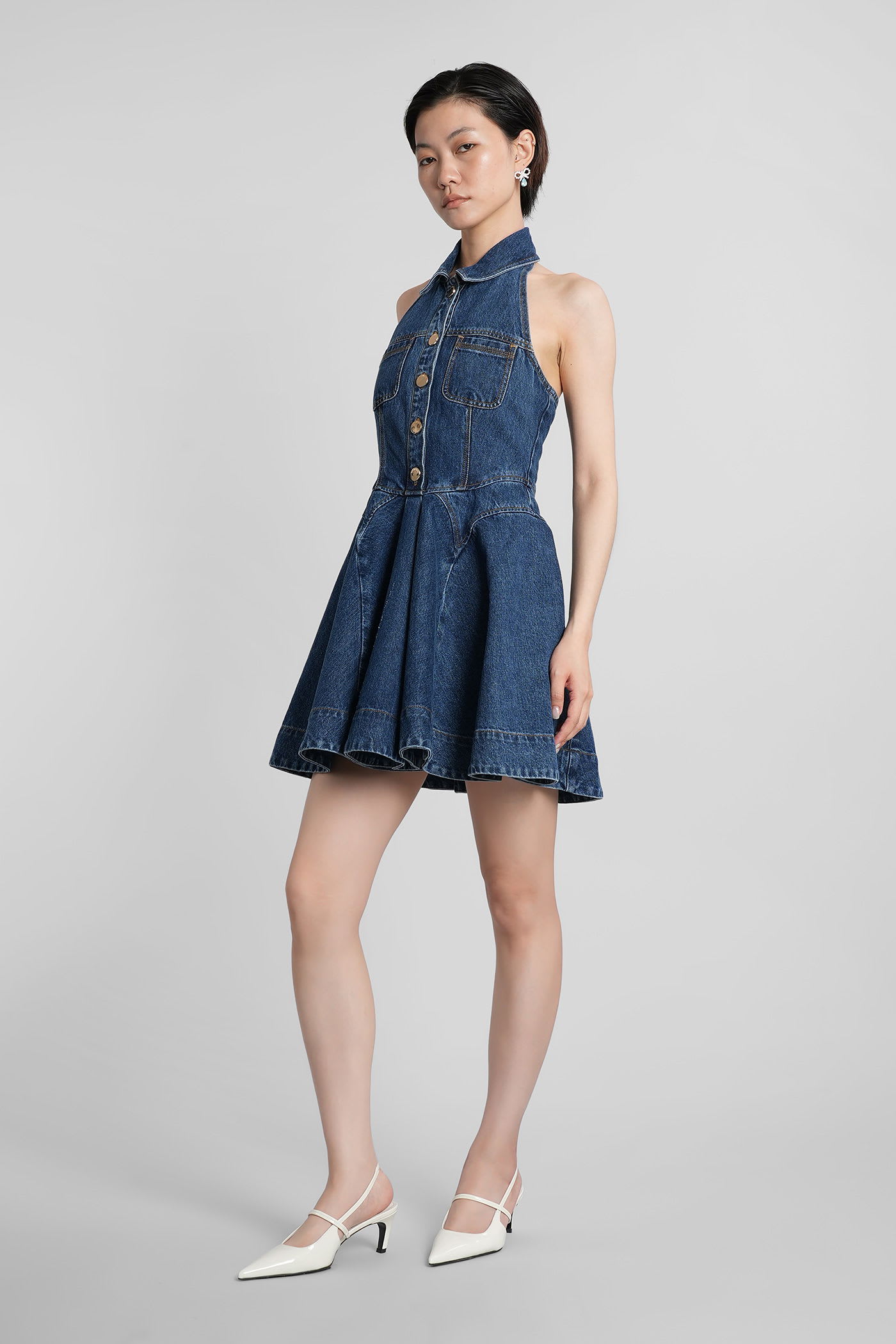 Self-portrait Blue Cotton Denim Flared Mini Dress In Blue