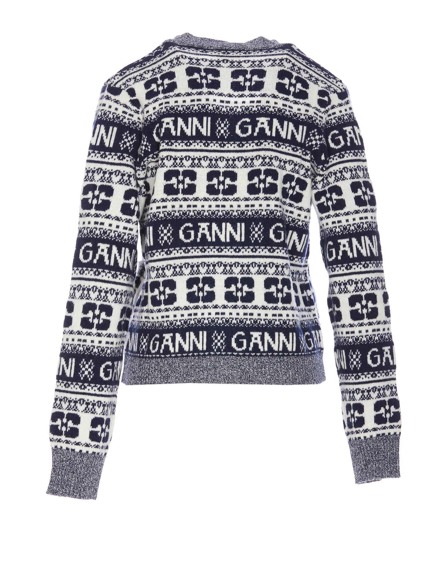 Shop Ganni Logo Wool Mix Cardigan In Sky Captain
