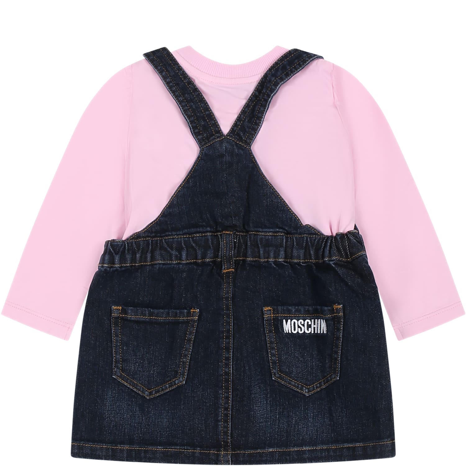 Shop Moschino Blue Suit For Baby Girl With Teddy Bear And Logo In Denim