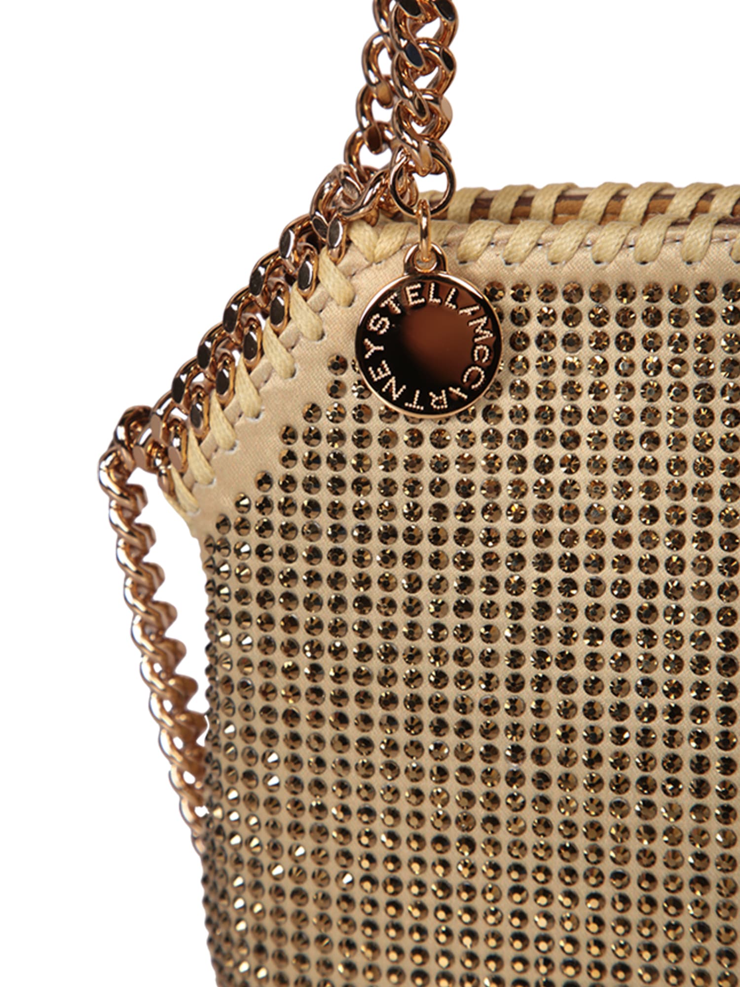 Shop Stella Mccartney Falabella Mini Crystal Gold Bag In Metallic