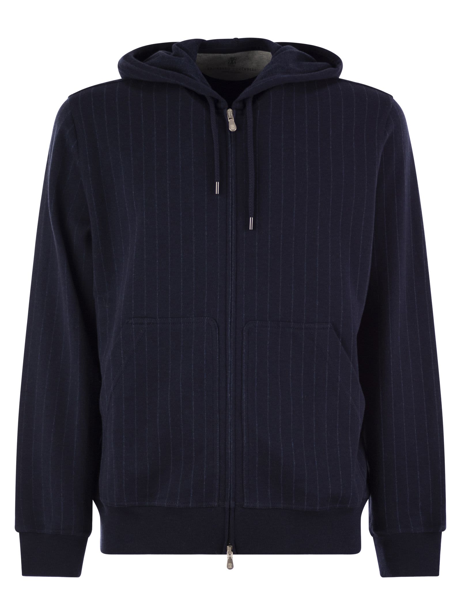Double Pinstripe Fleece Topwear In Cotton, Cashmere And Silk With Zip And Hood