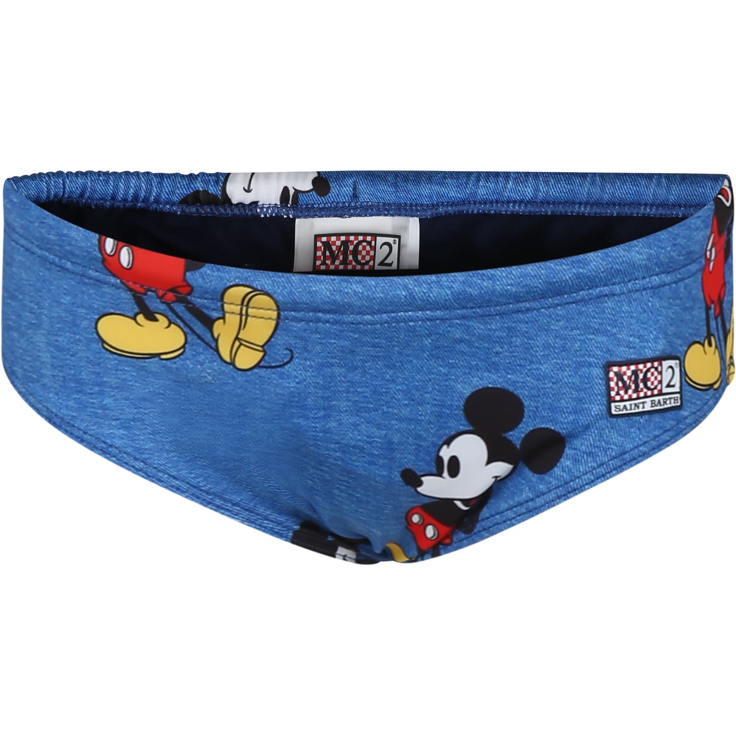 Mc2 Saint Barth Kids' Blue Swim Briefs For Boy With Mickey Mouse Print And Logo
