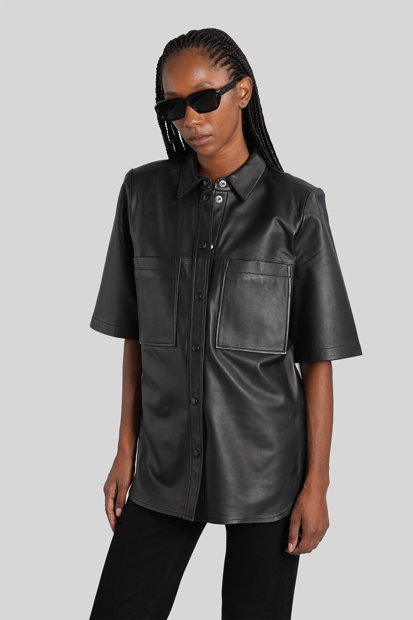 Iro Leather Short-sleeve Pocket Shirt In Black