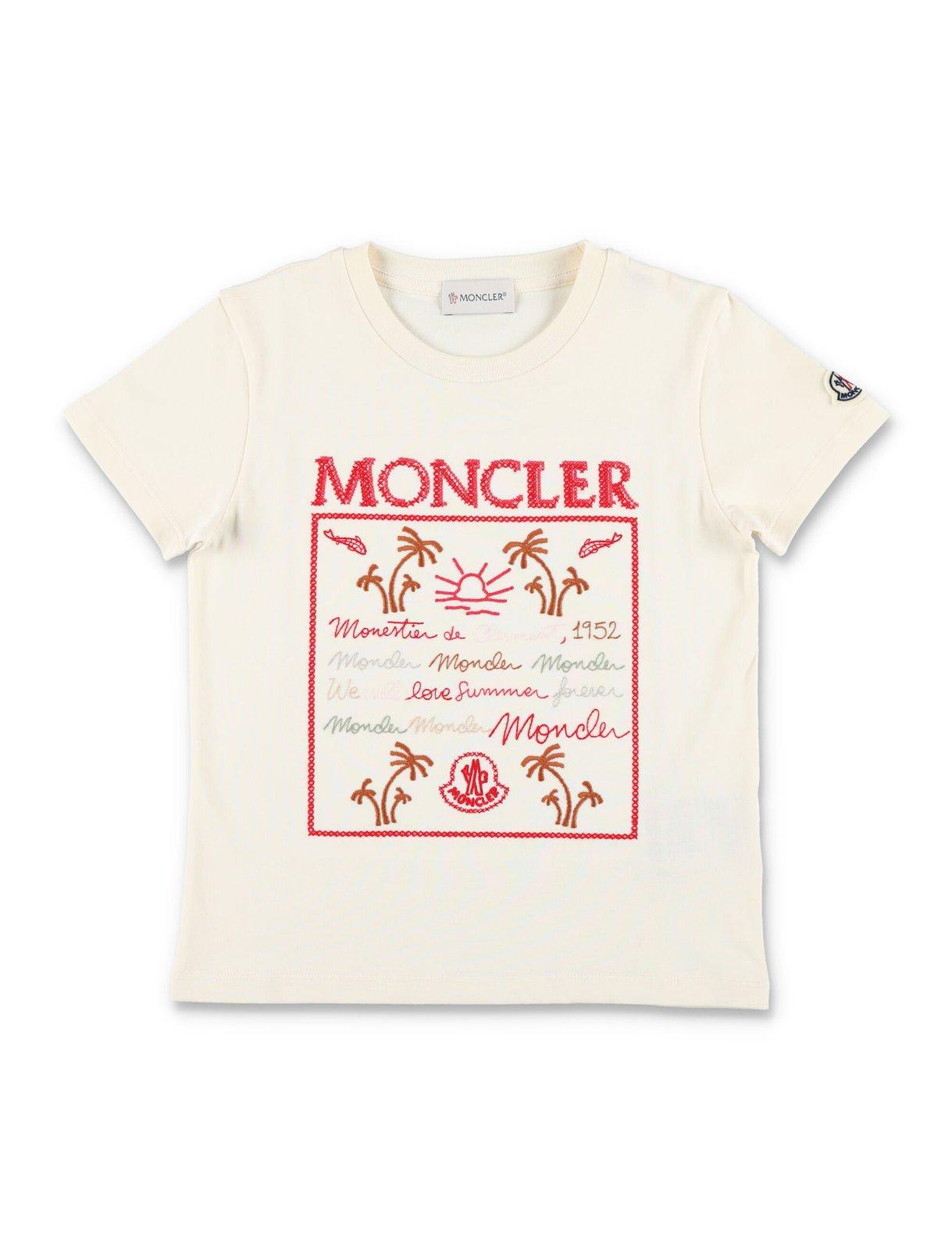 Shop Moncler Embroidered T-shirt In Beige