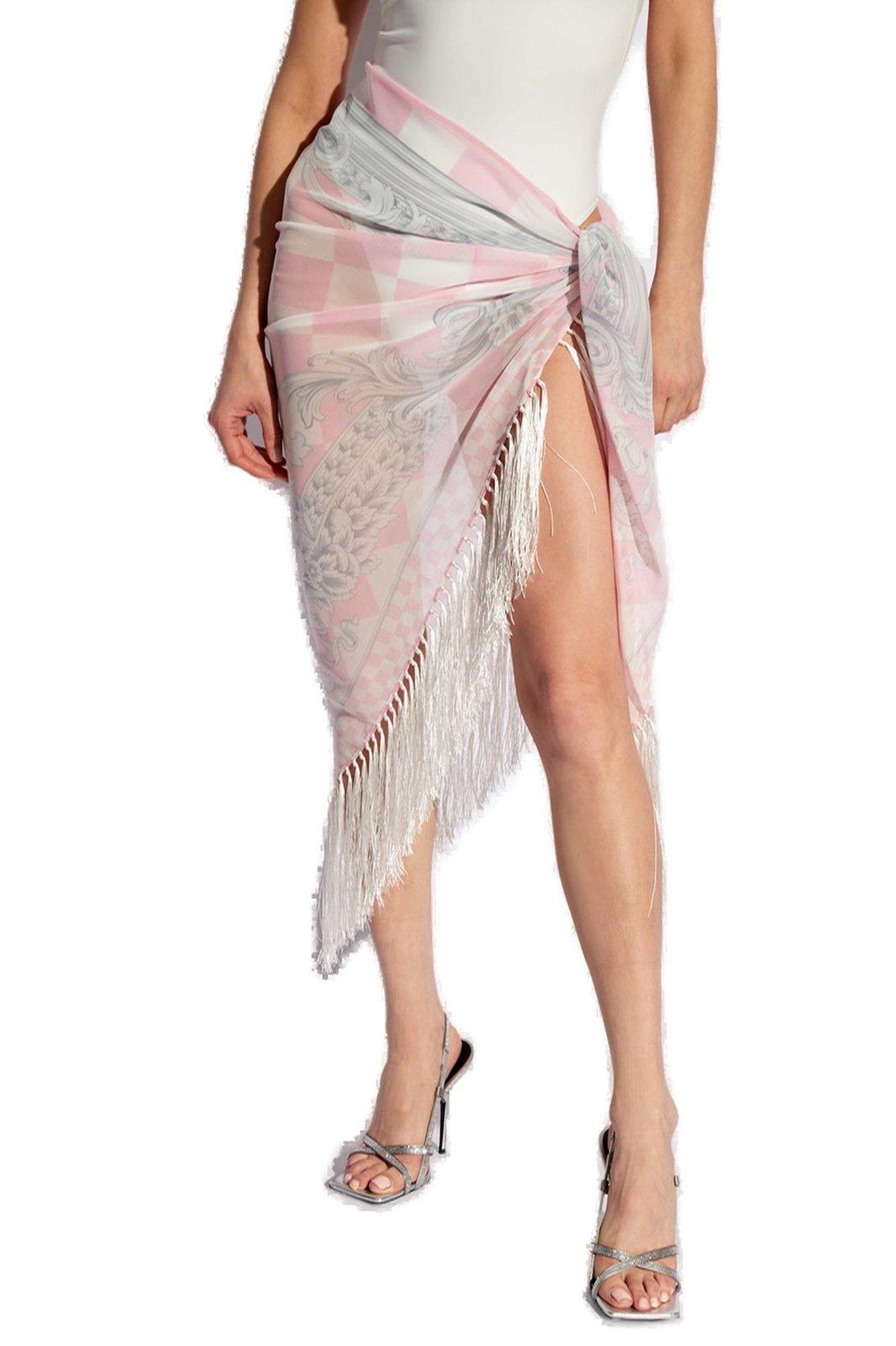 Shop Versace Barocco-printed Fringed Cover-up In Pink/white