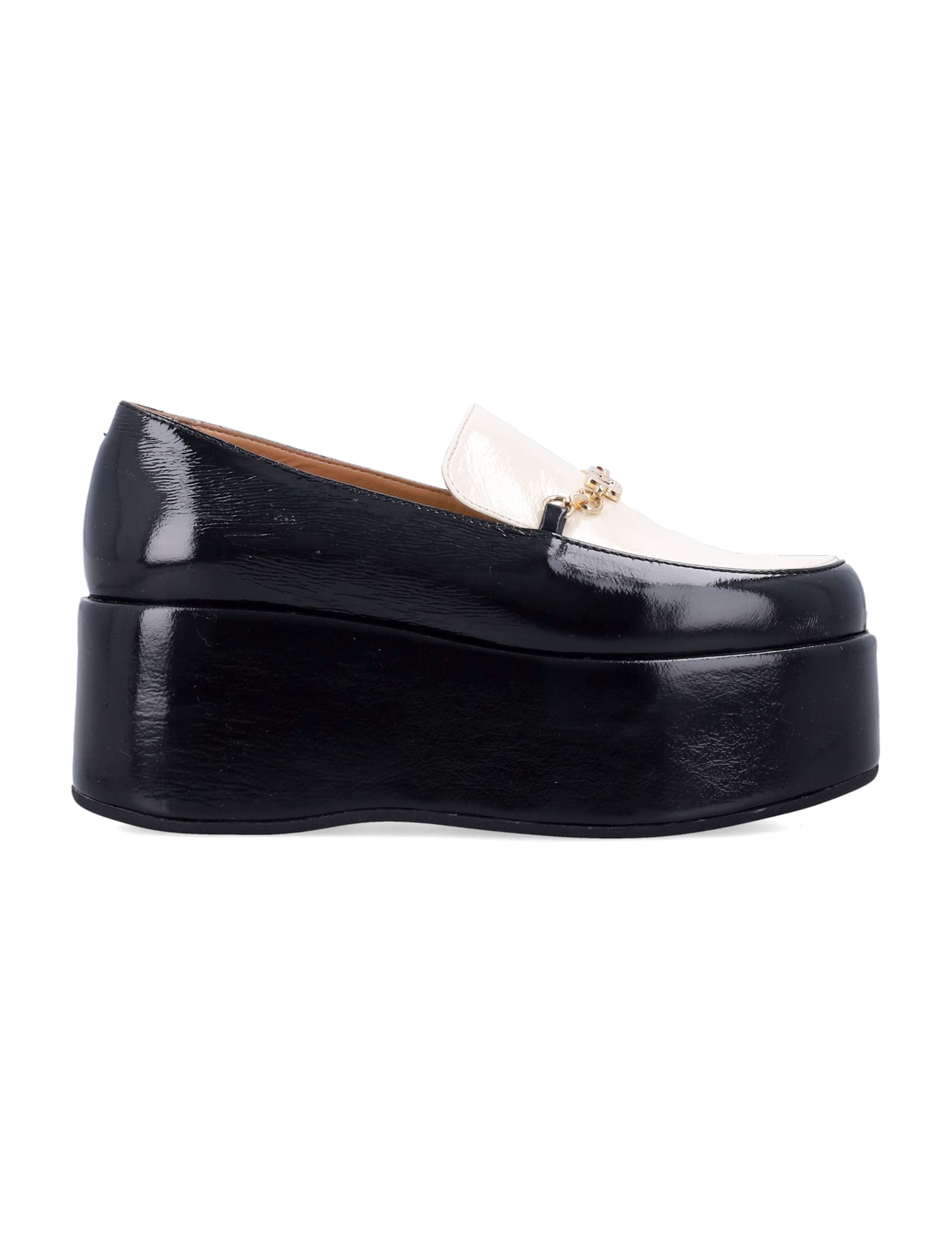 Ganni Bicolor Patent Platform Loafers In Black Egret