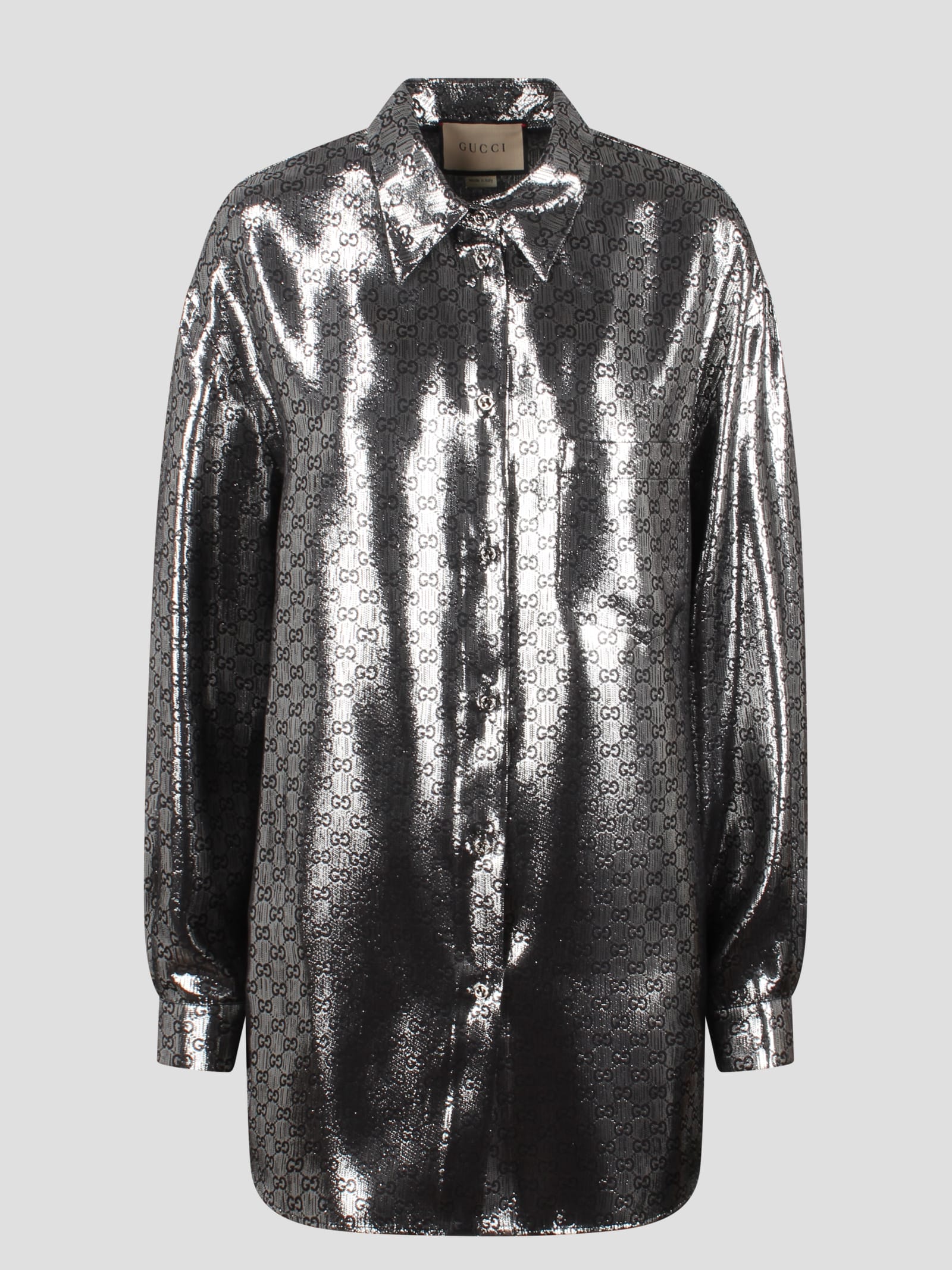 Gucci Gg Silk-blend Lamé Shirt In Silver