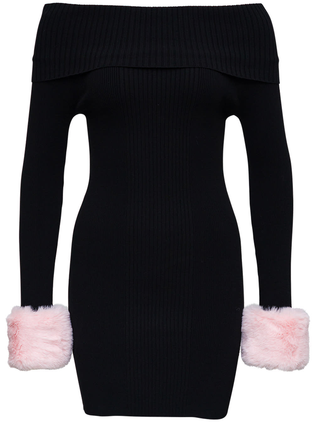 Blumarine Black Viscose Blend Dress With Pink Synthetic Fur Cuffs