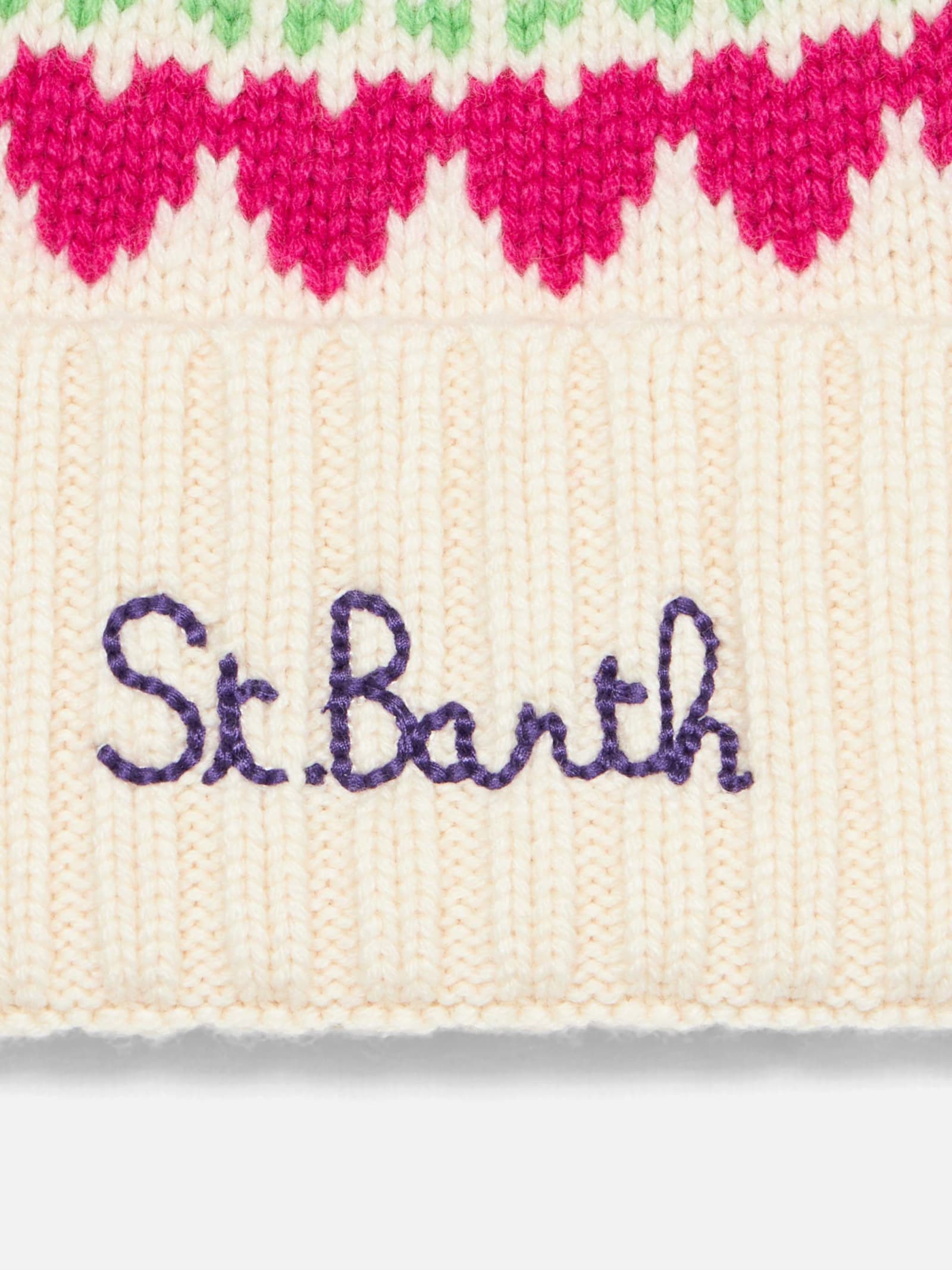 Mc2 Saint Barth Woman White Beanie With Fair Isle Heart Print In White