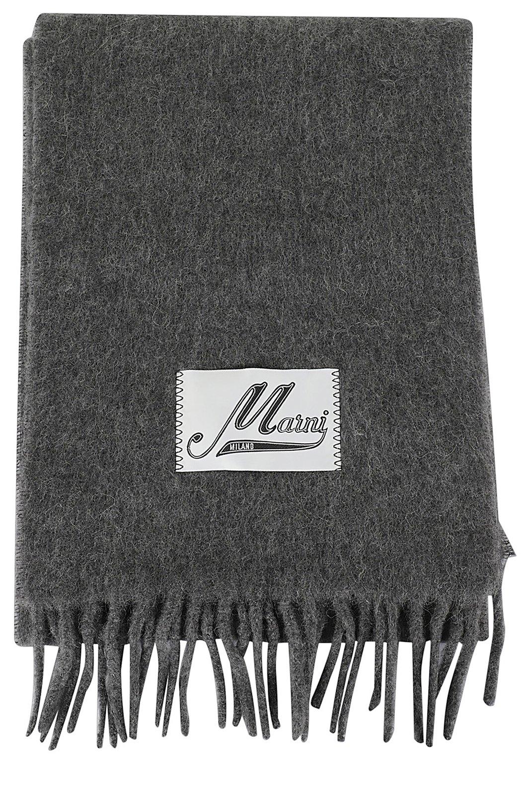 Shop Marni Logo Patch Fringed-edge Scarf In Grey