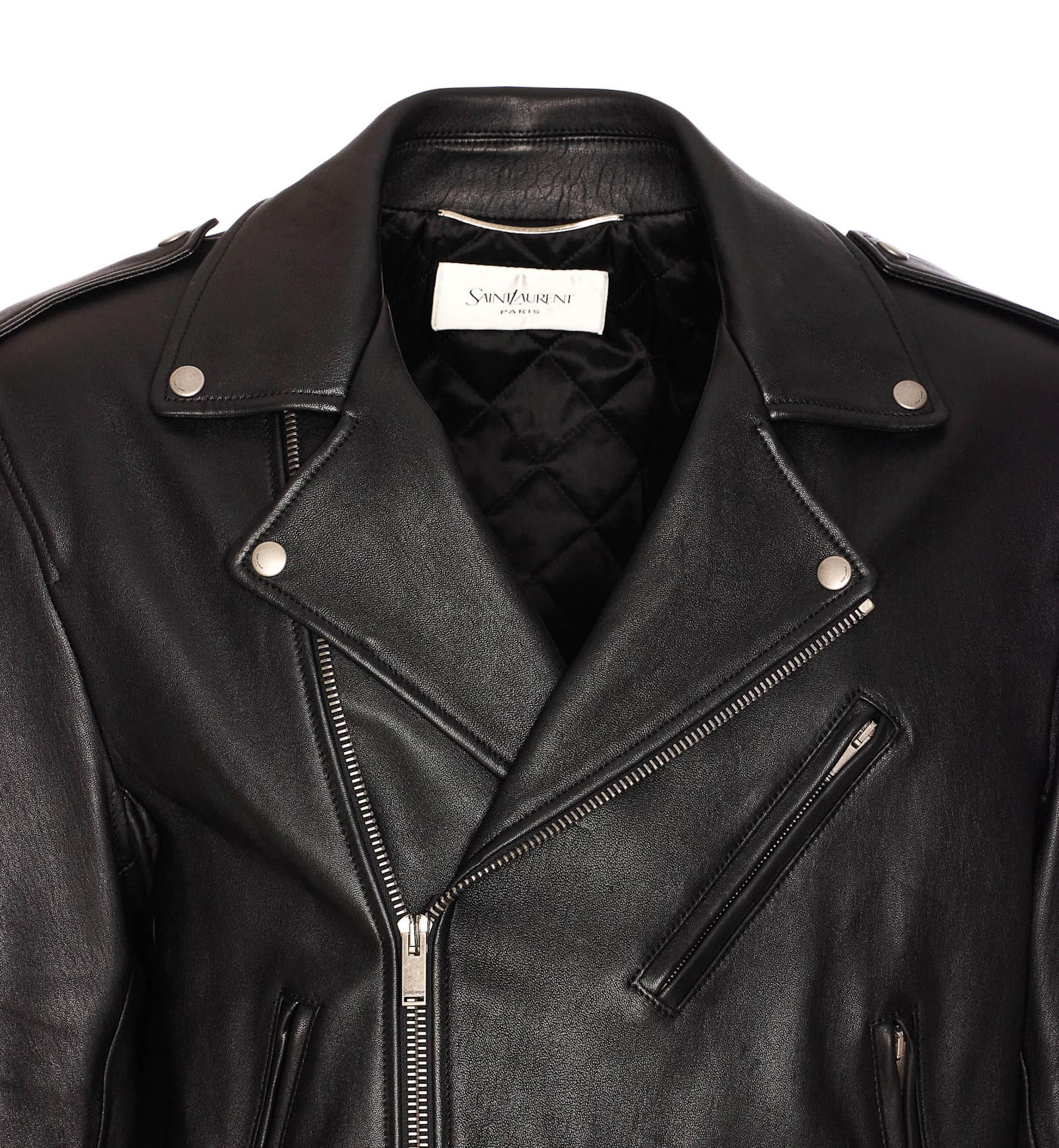 Saint Laurent Black Biker Jacket With Classic Lapels And Asymmetric Zip On The Front In Hammered Lea In Blue