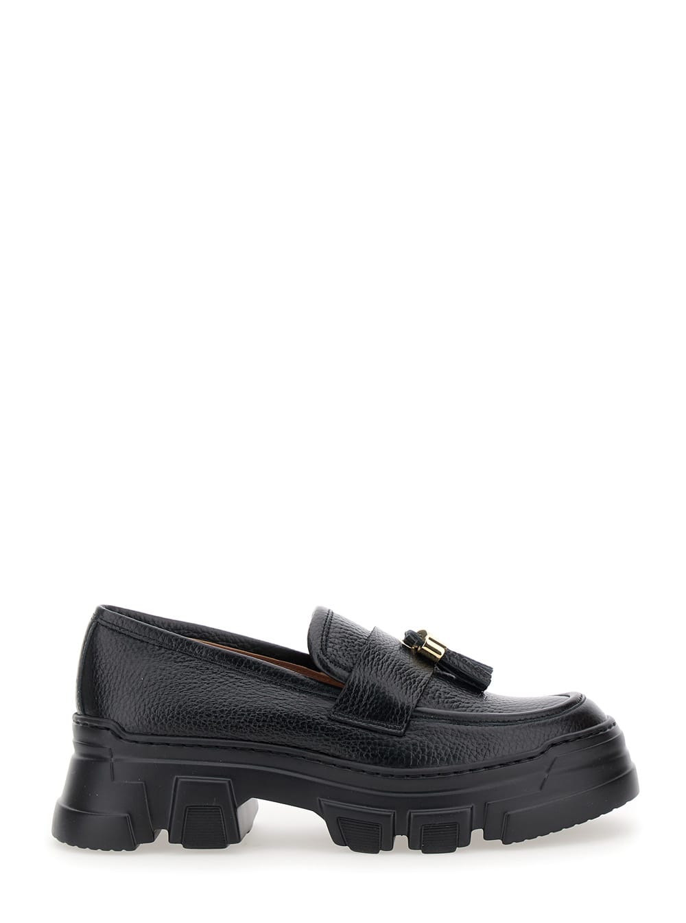 Shop Pollini Black Loafers With Tassel And Platform In Hammered Leather Woman