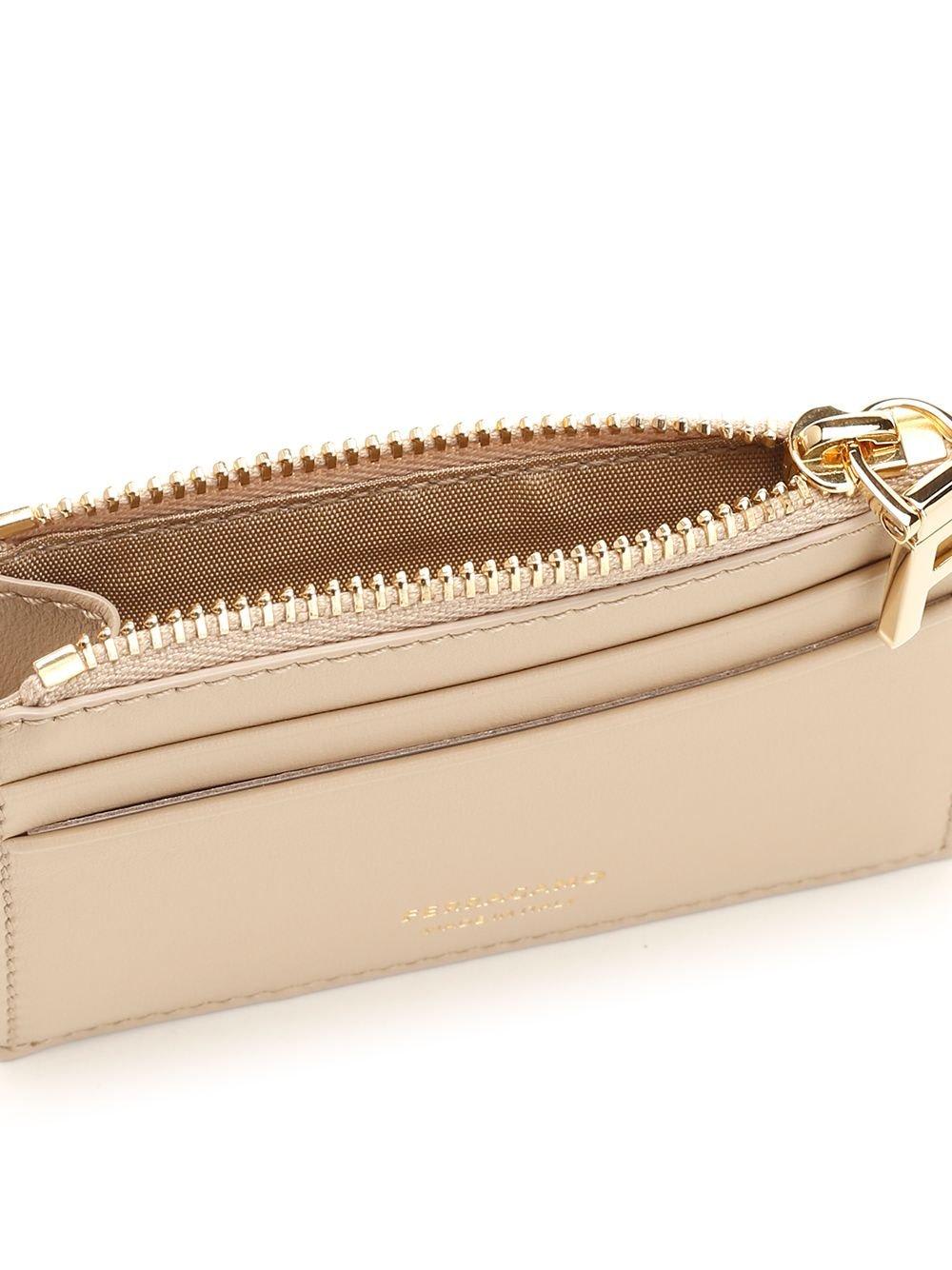 Ferragamo Leather Cardholder With Key-chain In Beige/khaki