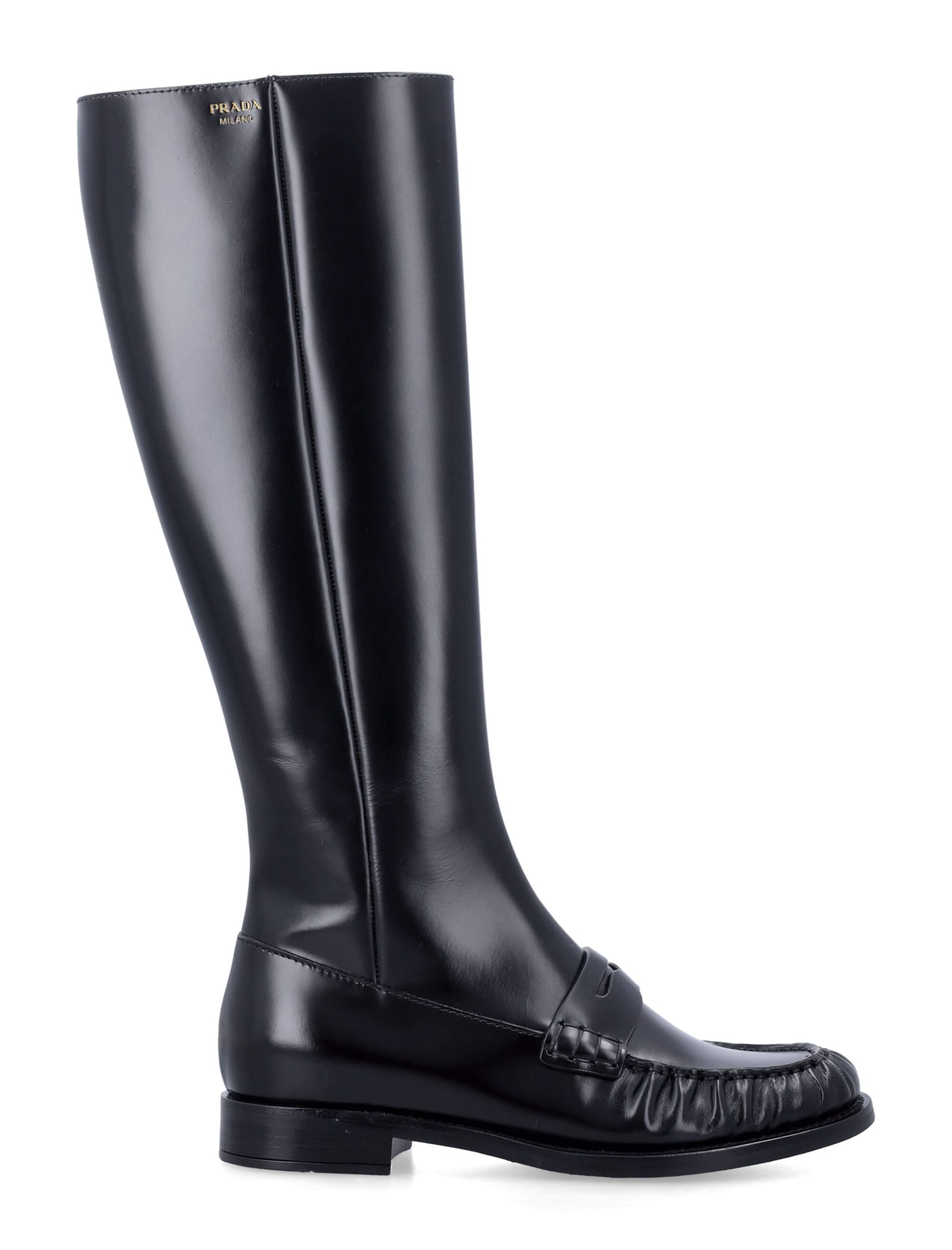 Prada Polished Leather Penny Knee-high Boots