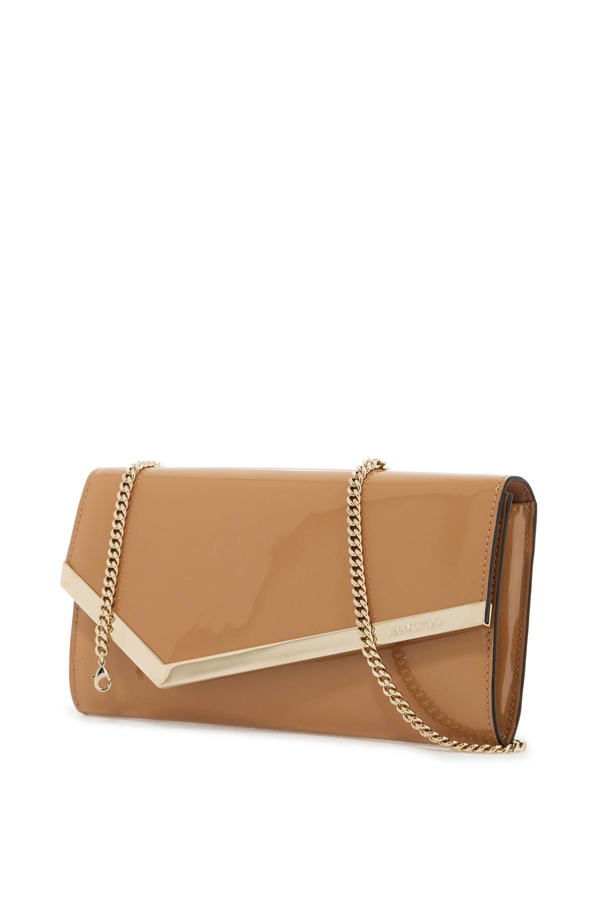 Shop Jimmy Choo Patent Leather Emmie Clutch In Biscuit Light Gold (brown)