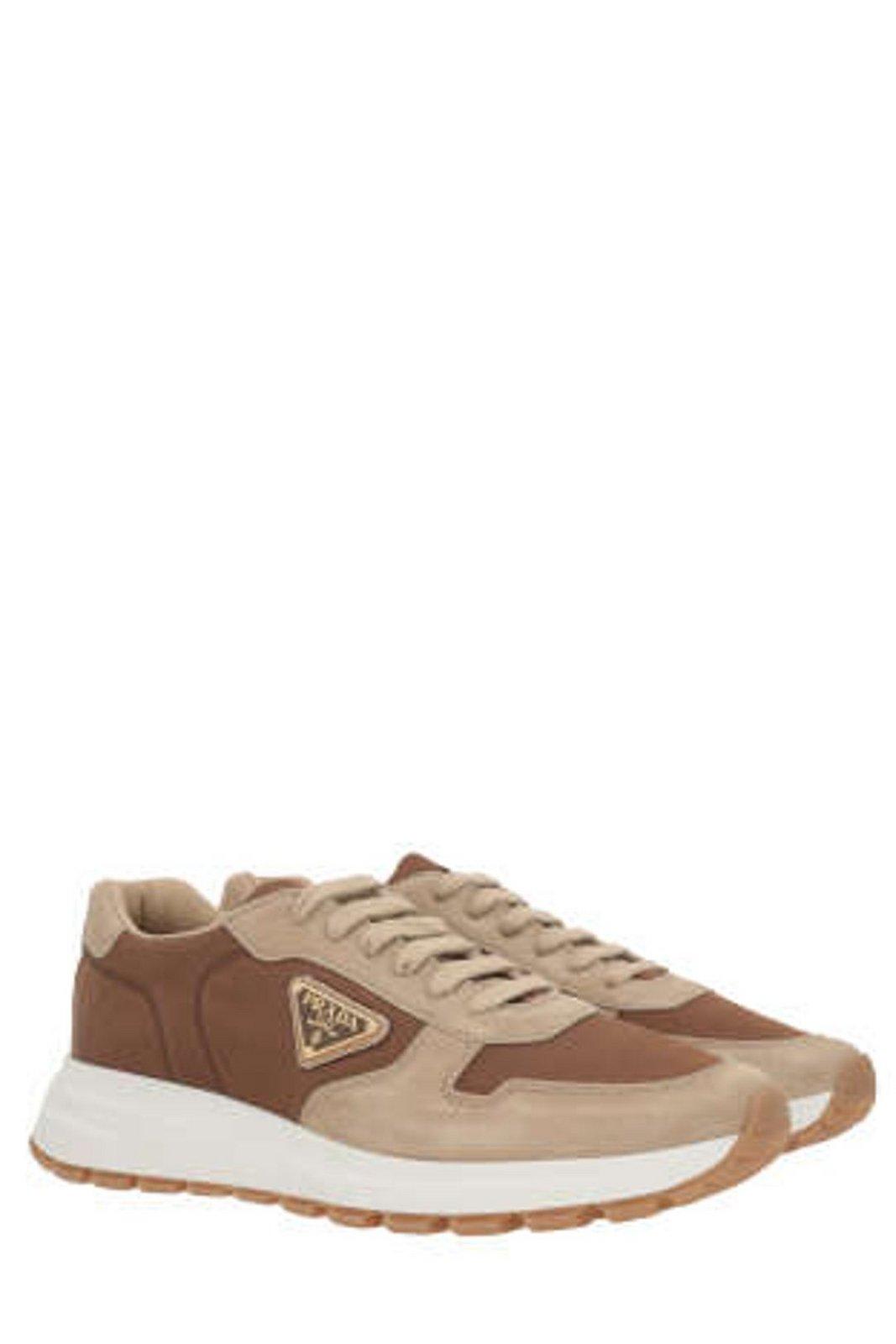 Shop Prada Enamel-triangle Lace-up Sneakers In Ecru+corinto