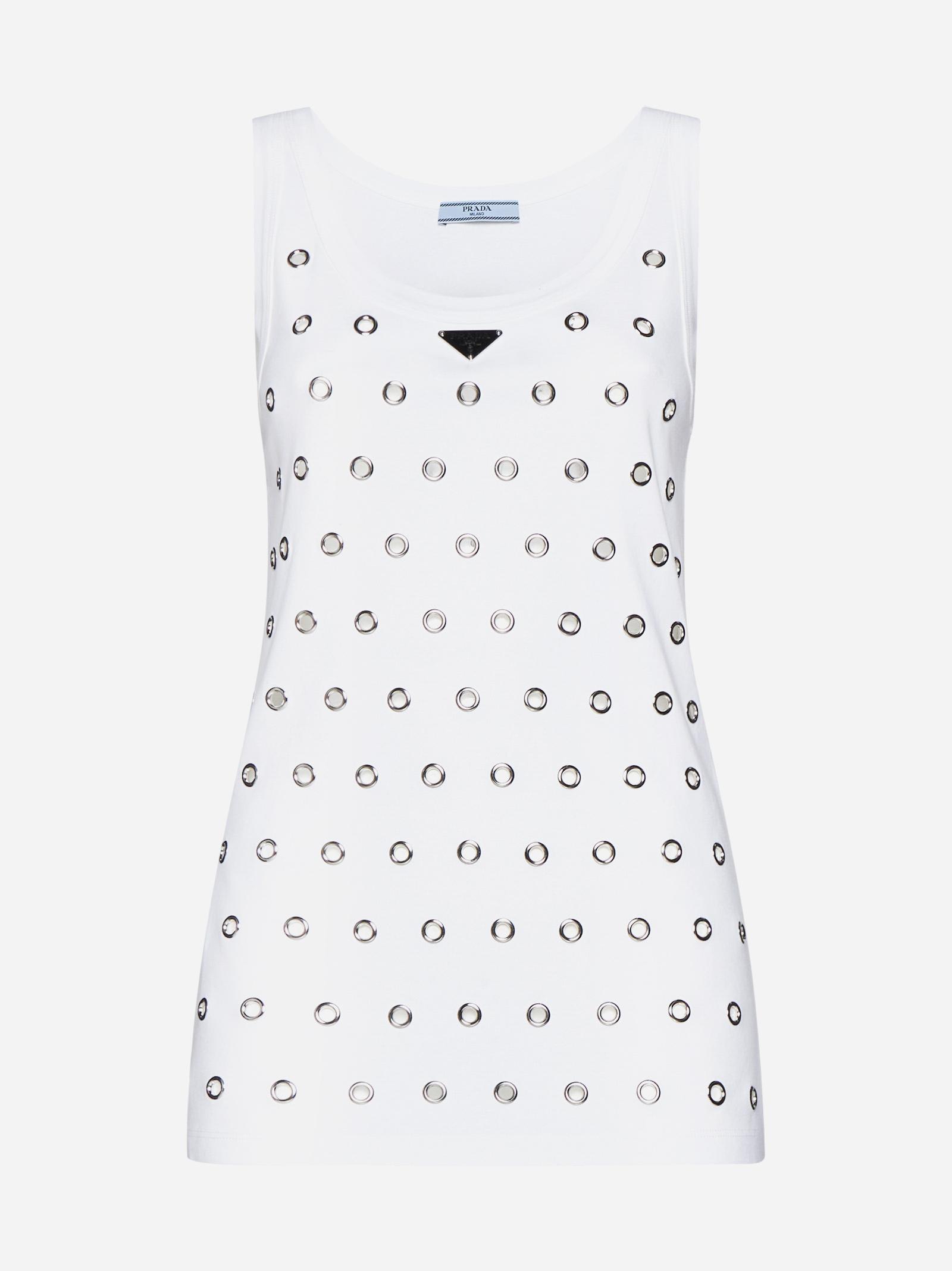 Shop Prada Cut-outs And Studs Cotton Top In White