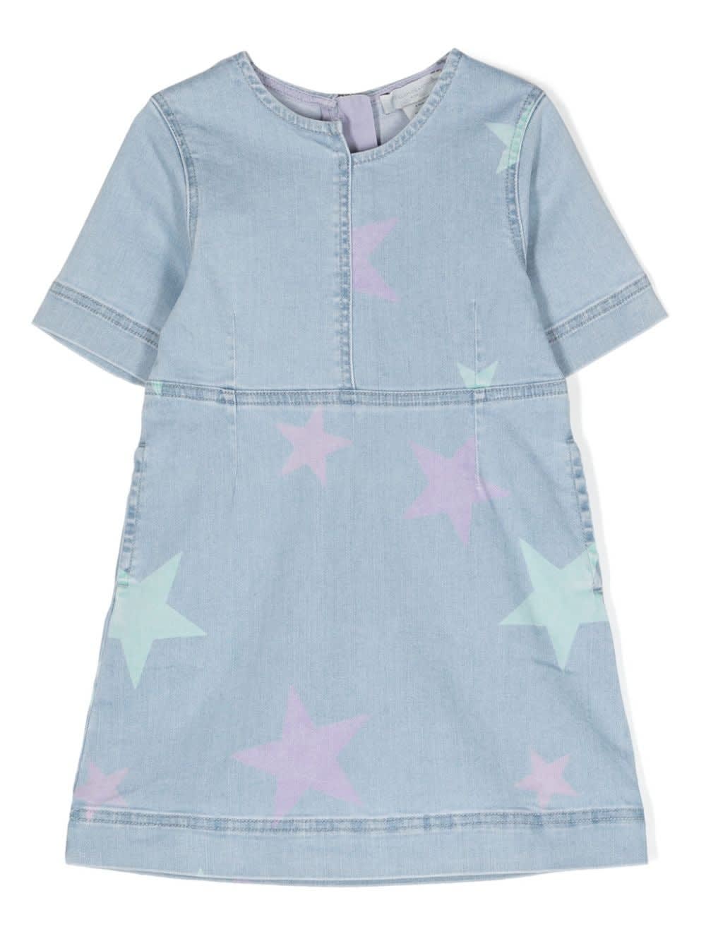 Stella Mccartney Kids' Denim T-shirt Dress With Star Print In Blue