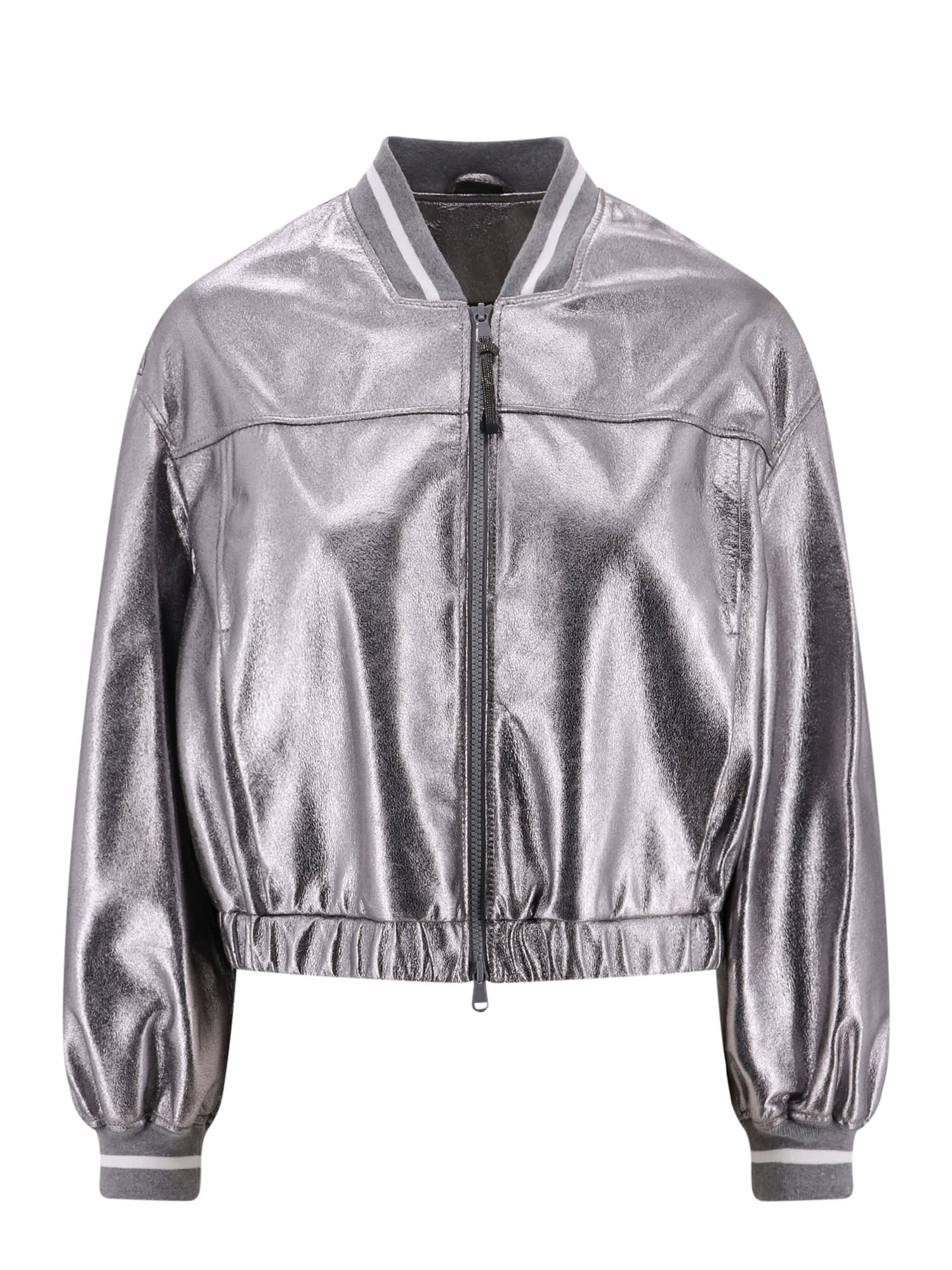 Brunello Cucinelli Laminated Leather Bomber Jacket Puffer Jackets Silver In Silver