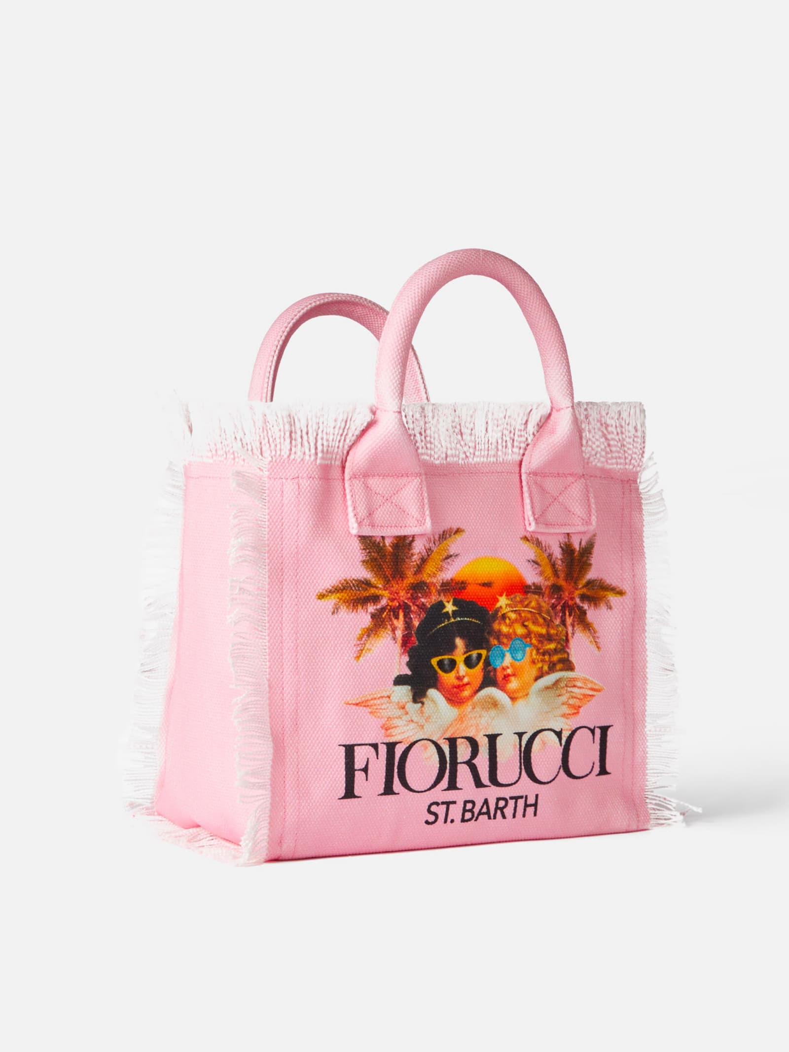Shop Mc2 Saint Barth Colette Pink Cotton Canvas Handbag With Fiorucci Angels Print Fiorucci Special Edition