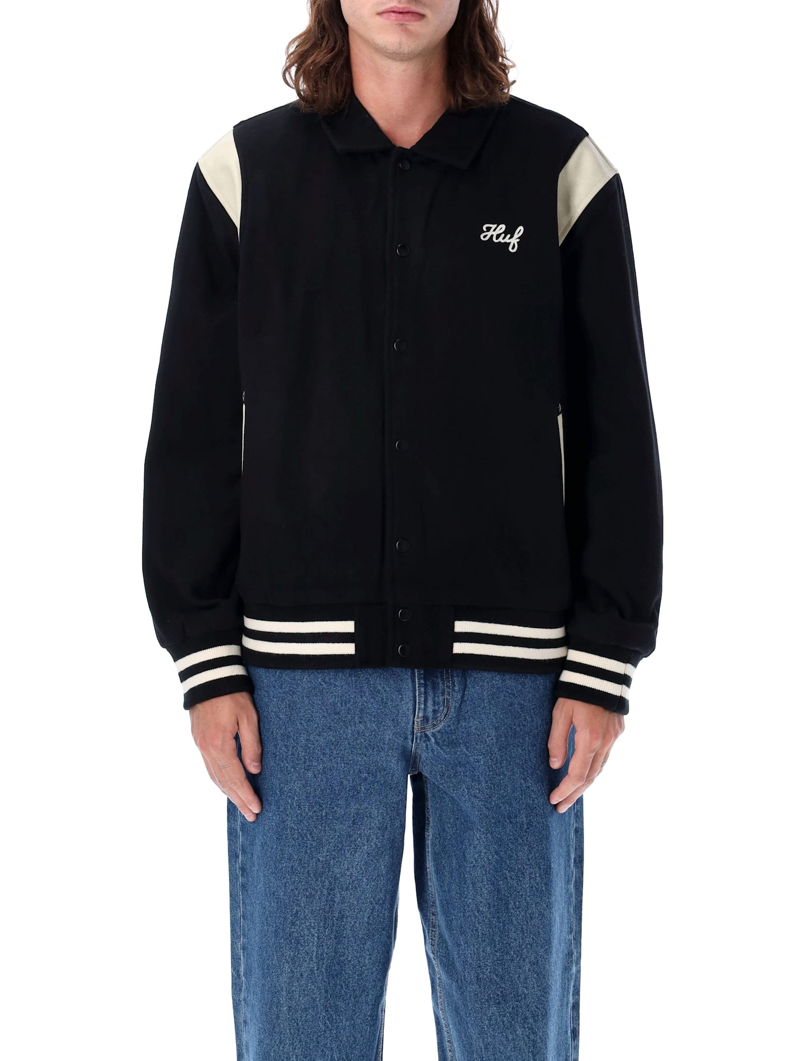 Shop Huf Varsity Jacket In Black