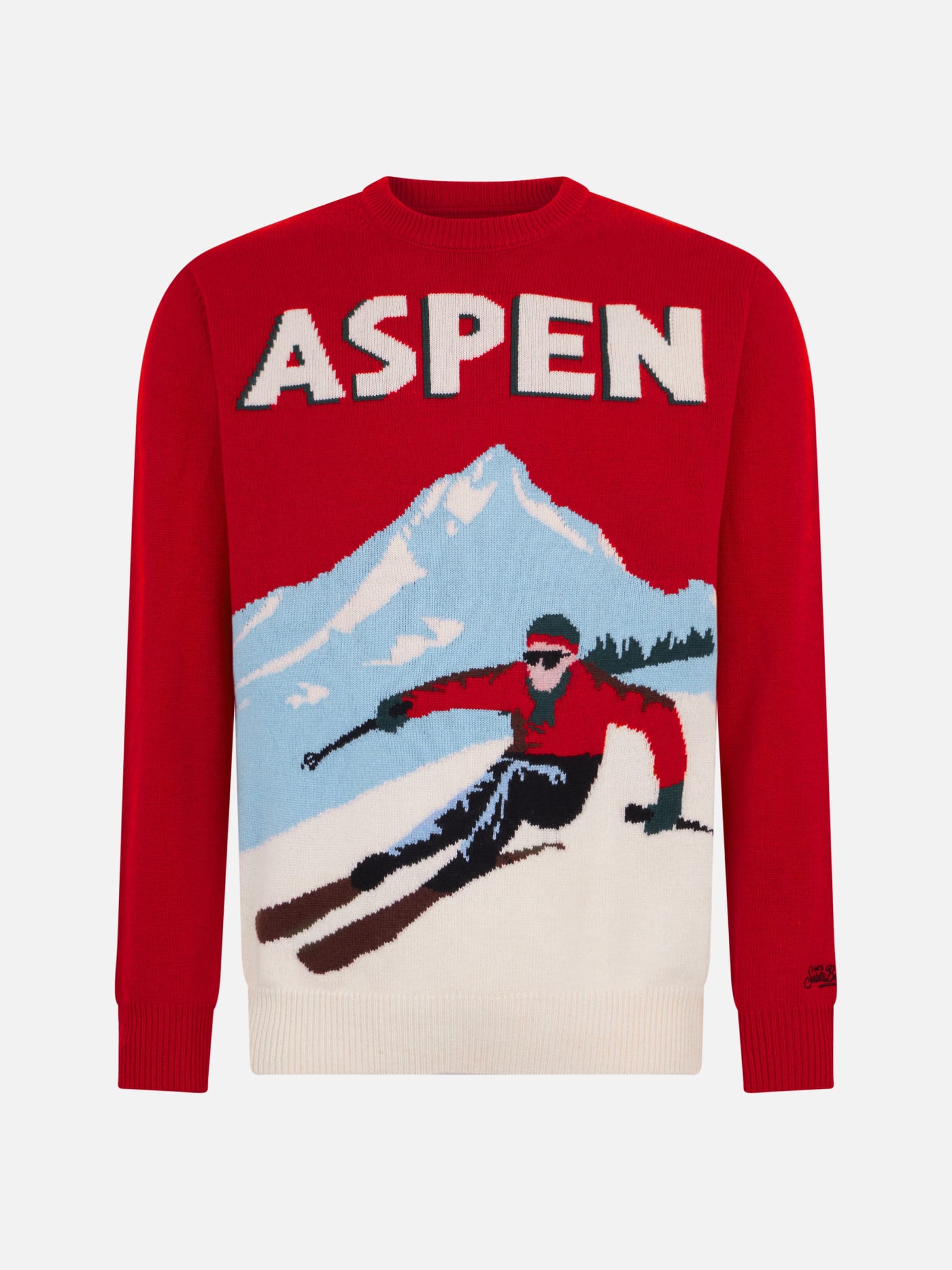 Mc2 Saint Barth Man Crewneck Sweater With Aspen Postcard Jacquard Print In Red