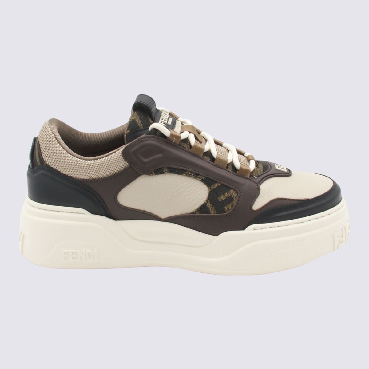 Fendi Force Leather Sneakers With Ff Jacquard And Mesh Details Shoes In Multi