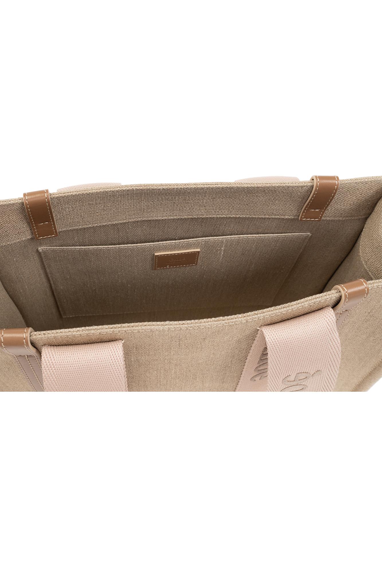 Chloé Pink And Beige Woody Medium Shopping Bag With Shoulder Strap In Beige