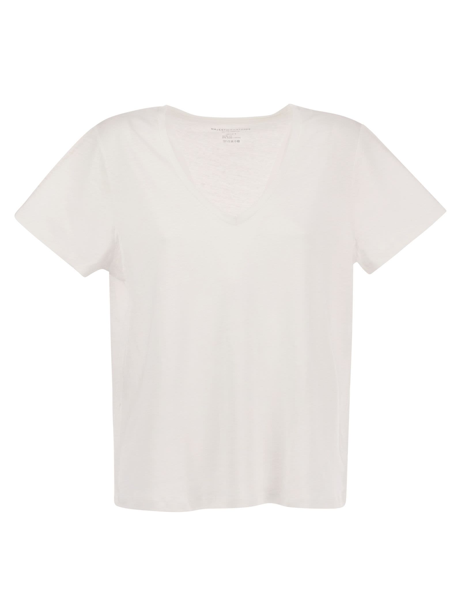 Shop Majestic Crew-neck T-shirt In Linen And Short Sleeve In White