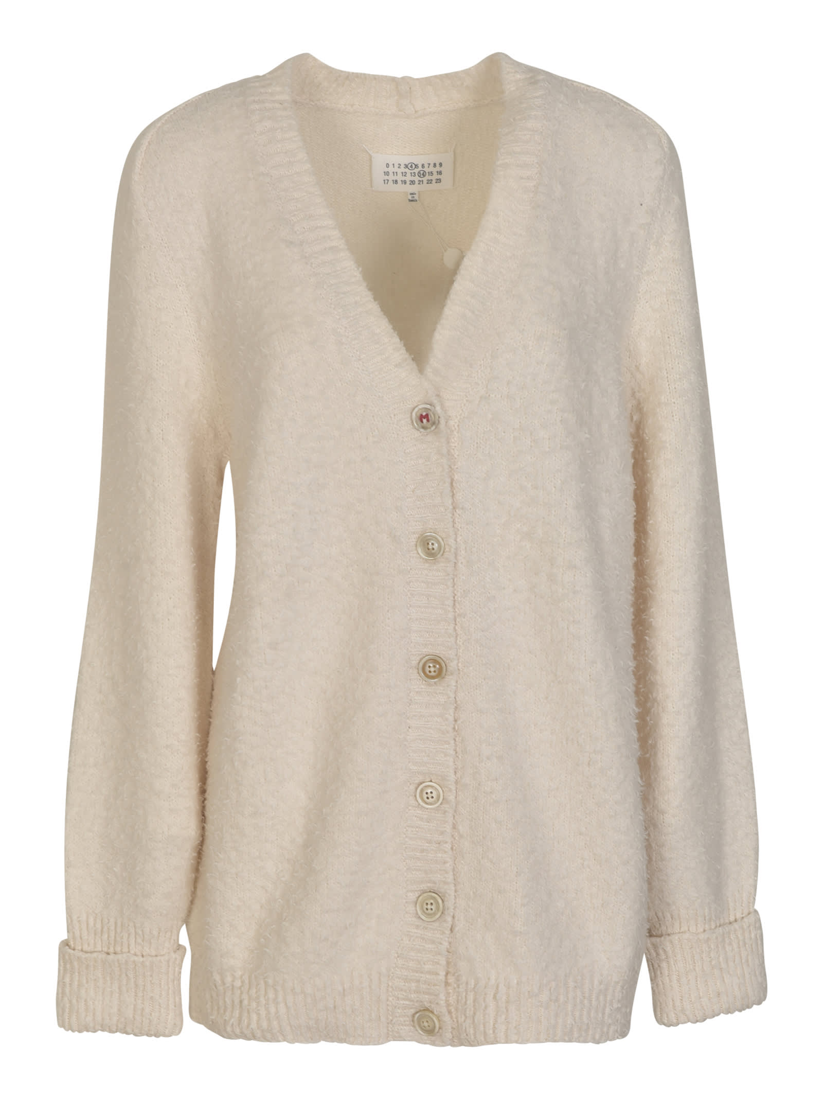 Shop Maison Margiela Fur Coated Rib Trim Cardigan In Ivory