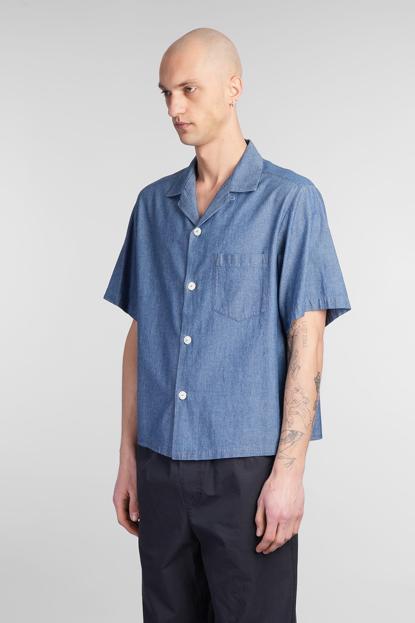 Aspesi Short Sleeves Spread Collar Chest Pocket Shirt In Blue
