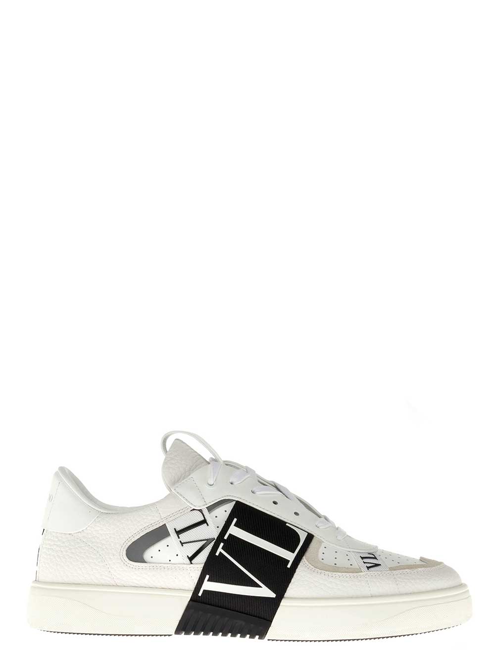 Valentino Garavani Mans White And Black Leather Sneakers With Logo