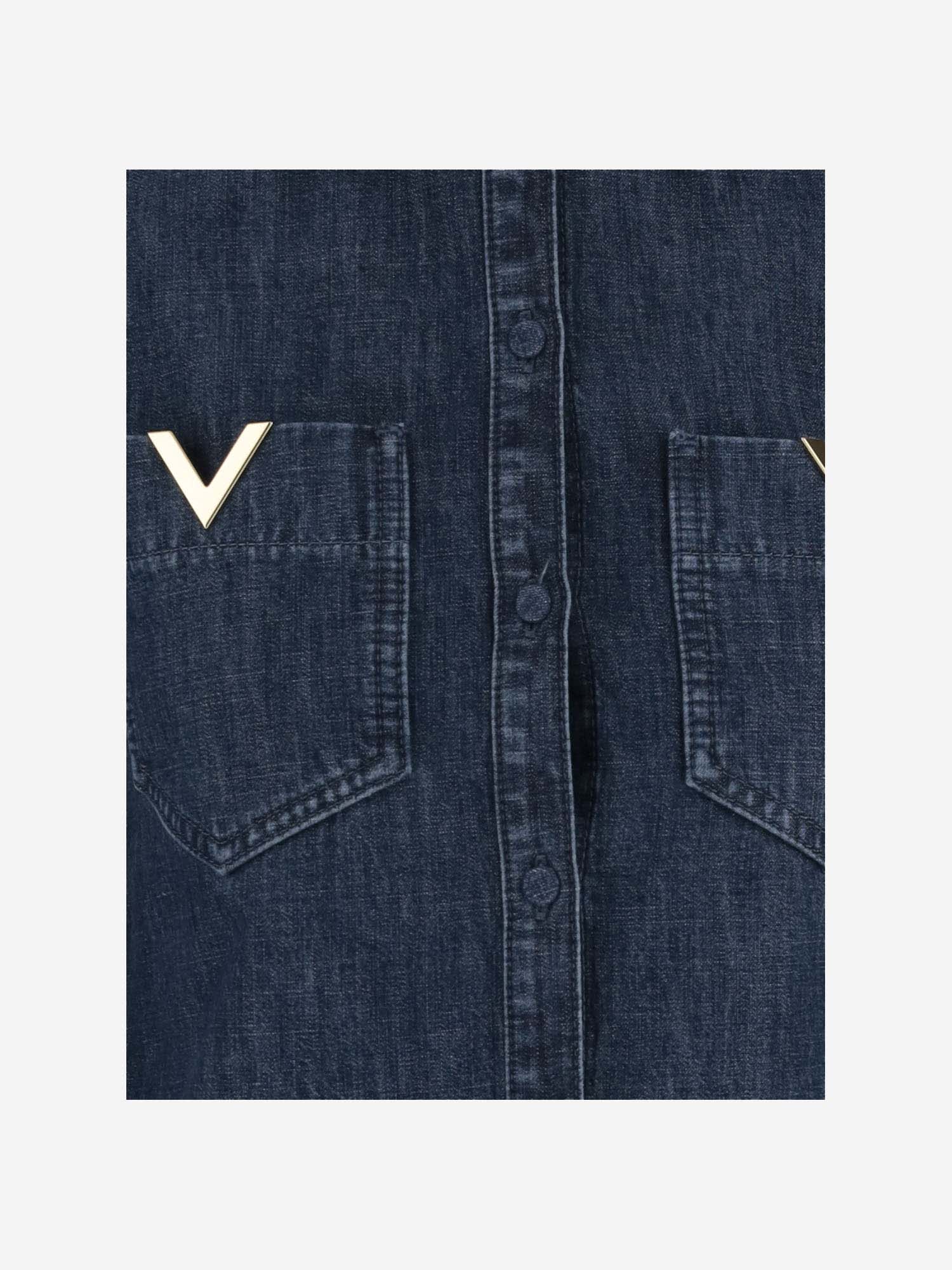 Shop Valentino Cotton Denim Shirt With Vlogo In Medium Blue Denim