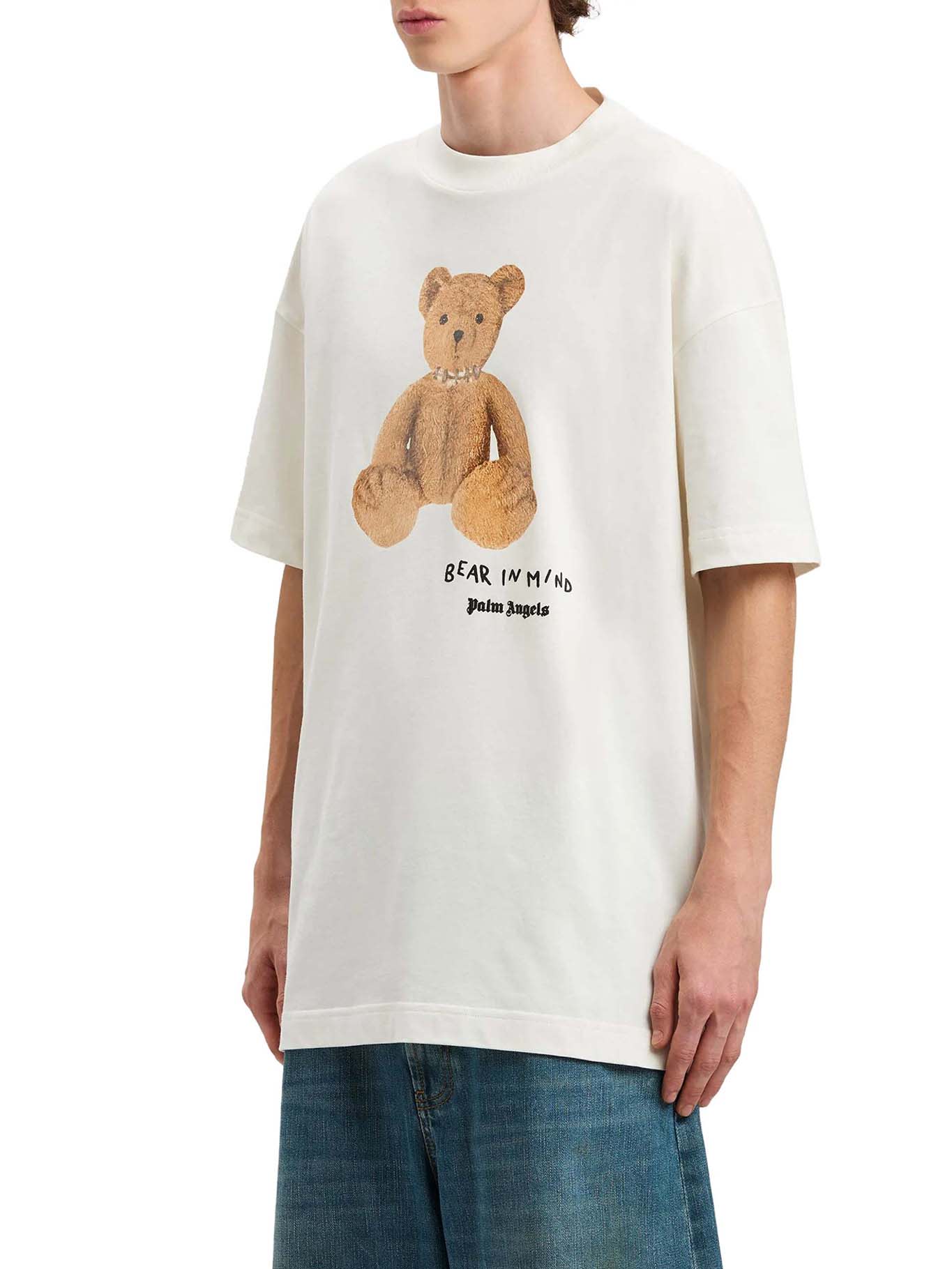 Palm Angels Bear In Mind White T-shirt With Bear Print And Logo Lettering On The Front In Cotton Man In White