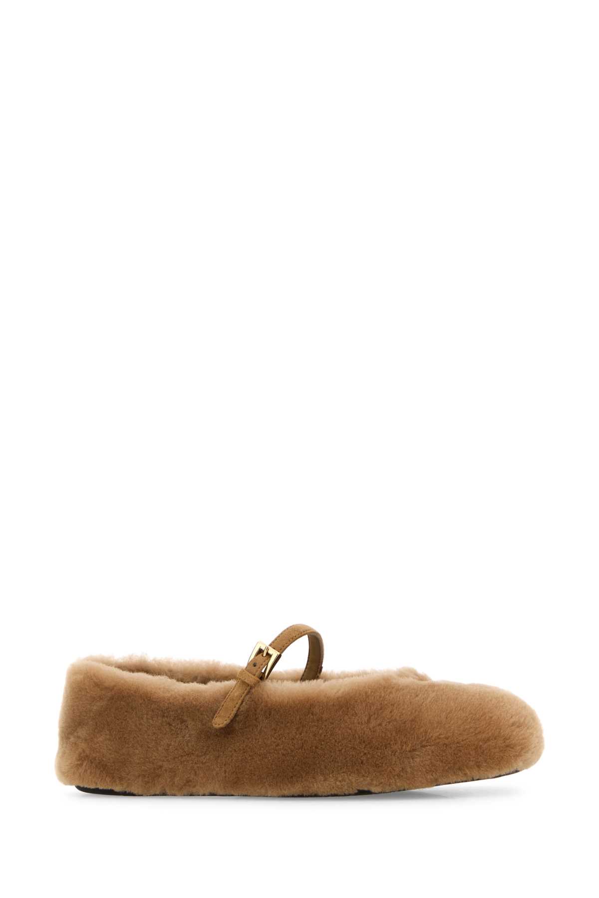 Prada Shearling Flat Ballerina Shoes With Buckle Strap In Brown