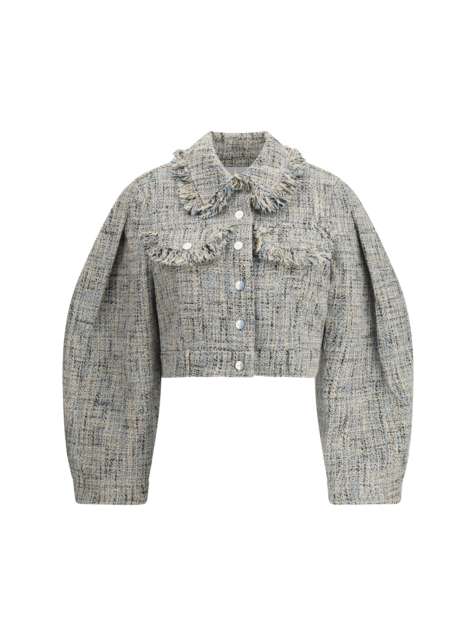 Ganni Tweed Cropped Blazer In Gray