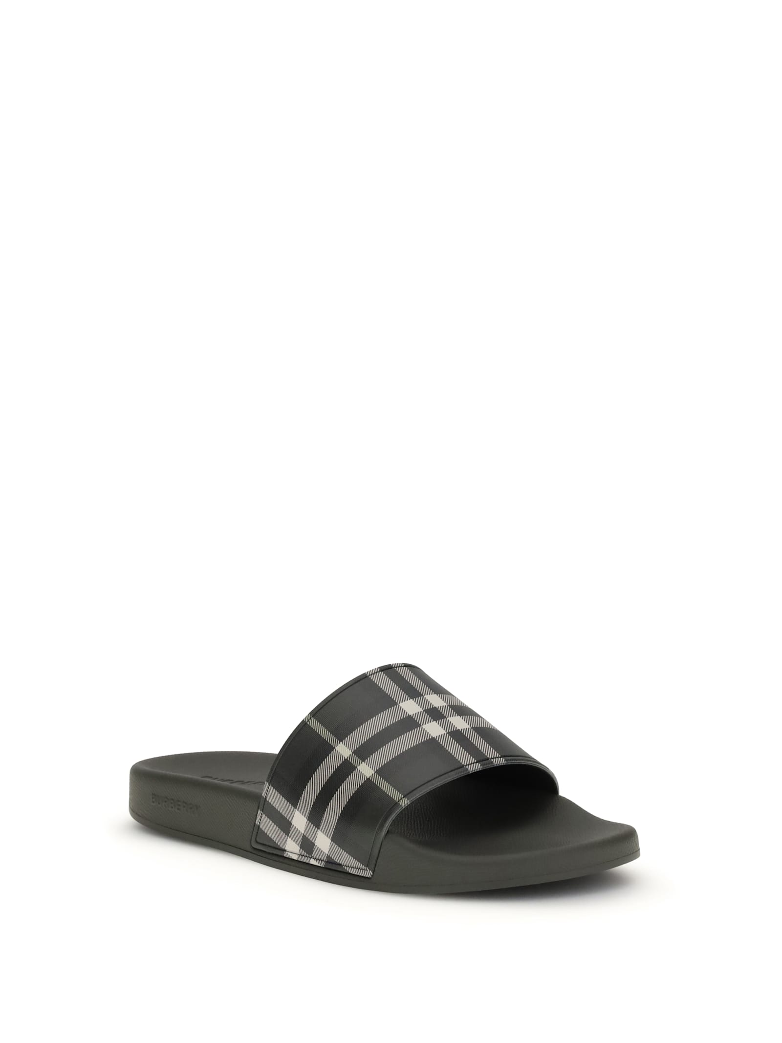 Burberry Men Dark Green Sandals With Check Motif On The Front In Rubber Man In Green