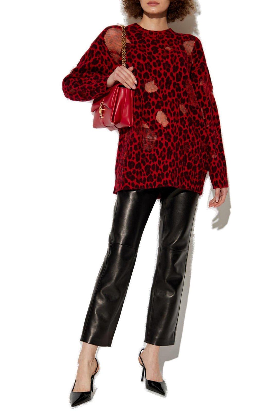 Shop Versace Leopard-printed Semi-sheer Panelled Jumper In Red