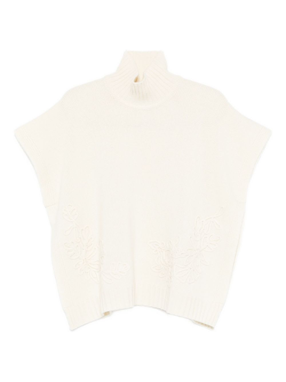 Ermanno Firenze High Neck Knitwear With Embroidered Ribbed Hem In White