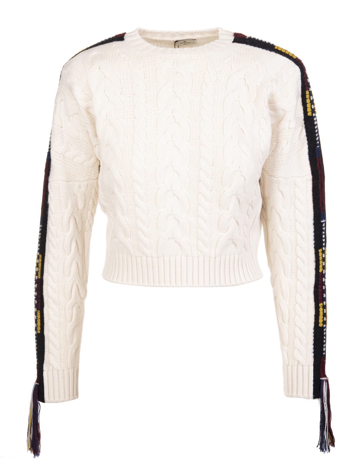 Etro Woman White Cable Knit With Jacquard Ribbons And Tassels