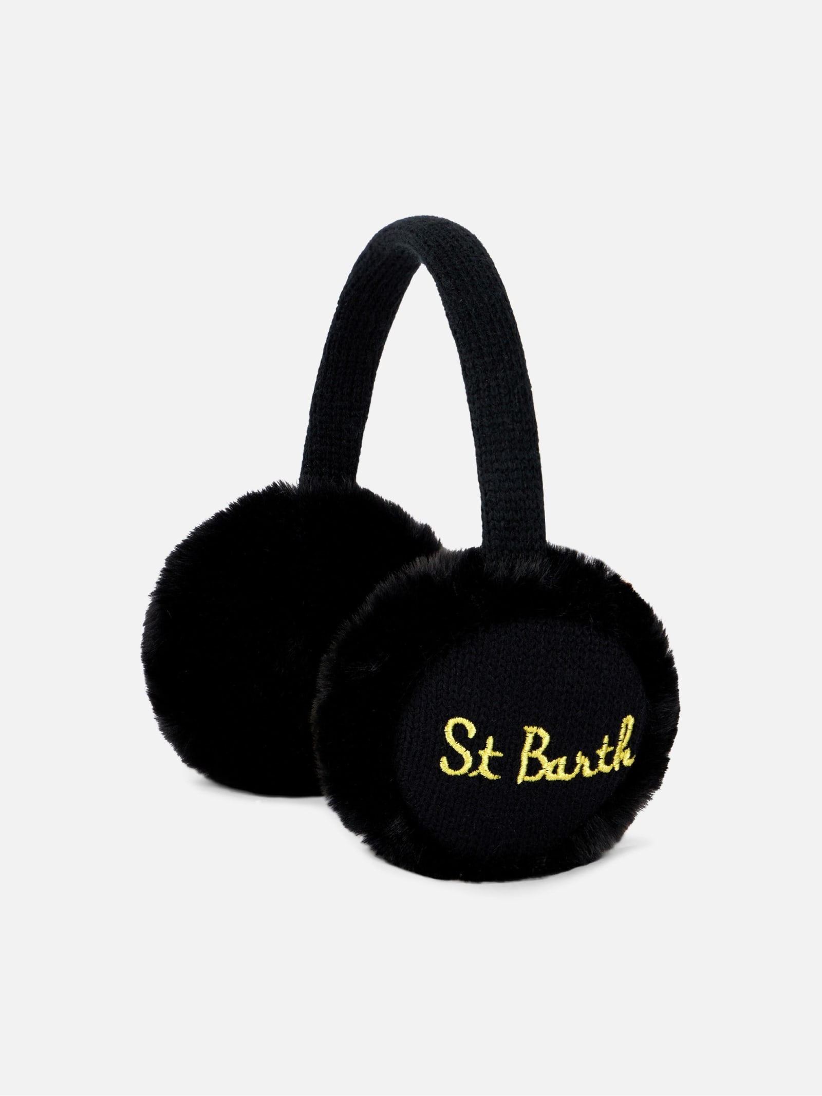 Mc2 Saint Barth Woman Black Tricot Earmuffs With Furry Details In Black