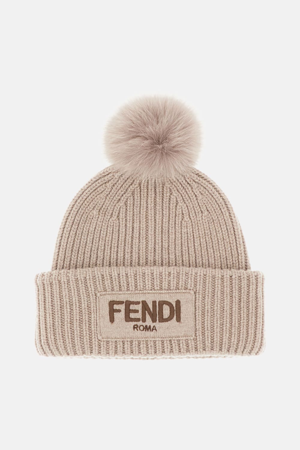 Fendi Knitted Beanie With Pom Detail In Brown