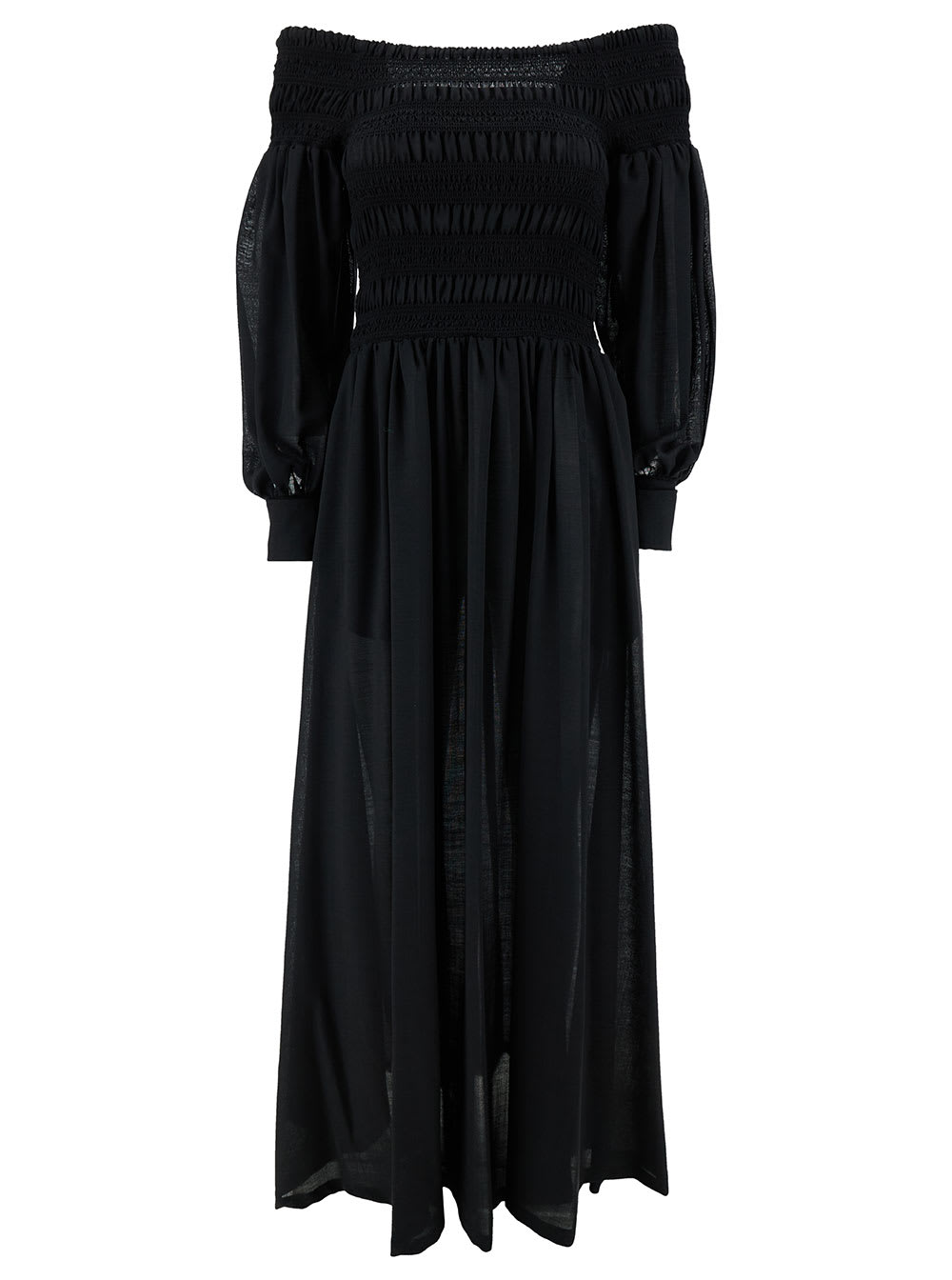 Shop Max Mara Manu Long Black Off-shoulder Dress With Puff Sleeves In Lightweight Wool Woman