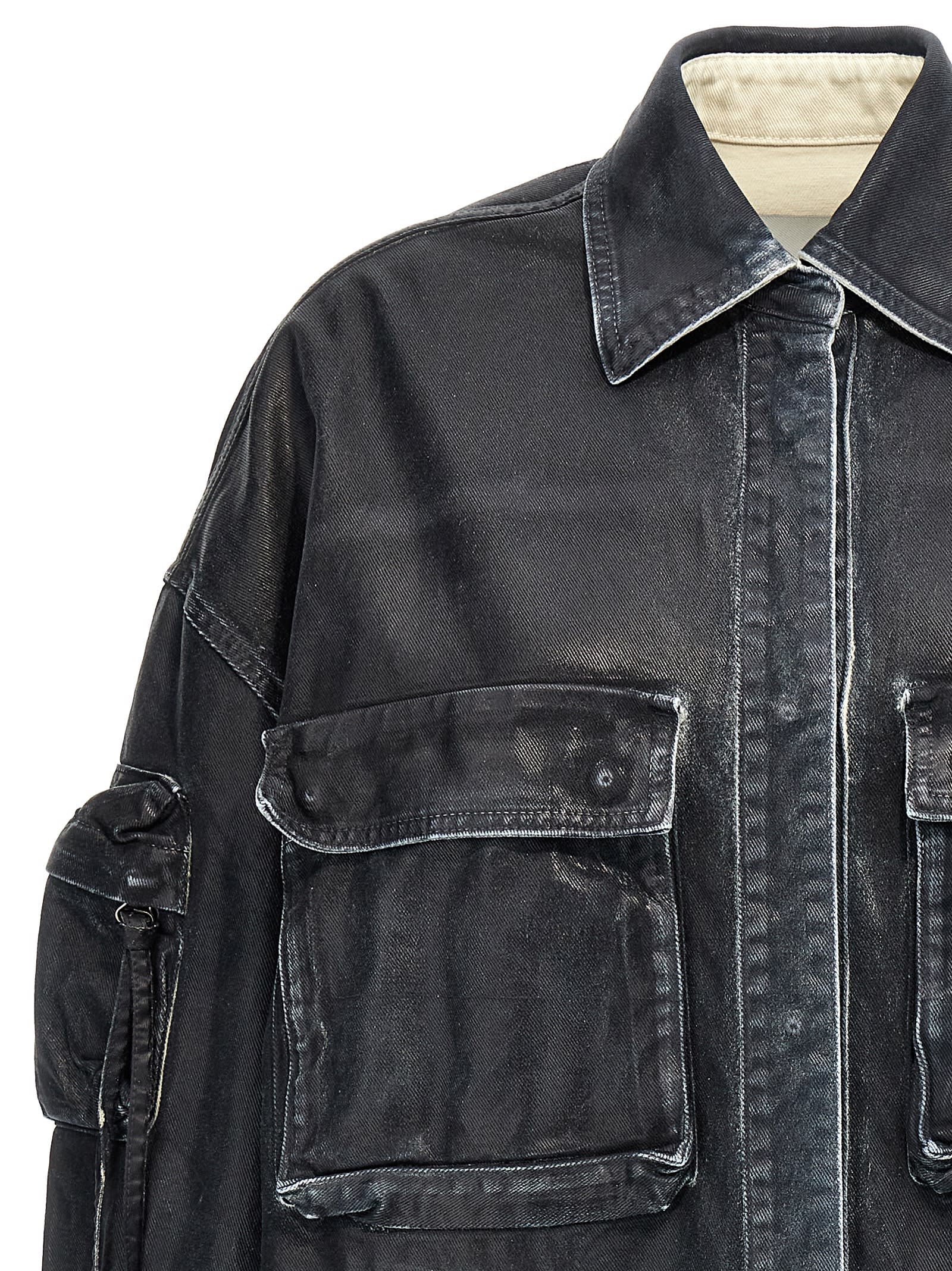 Attico Oversize Cotton Fern Denim Jacket With Button And Drawstring In Blue