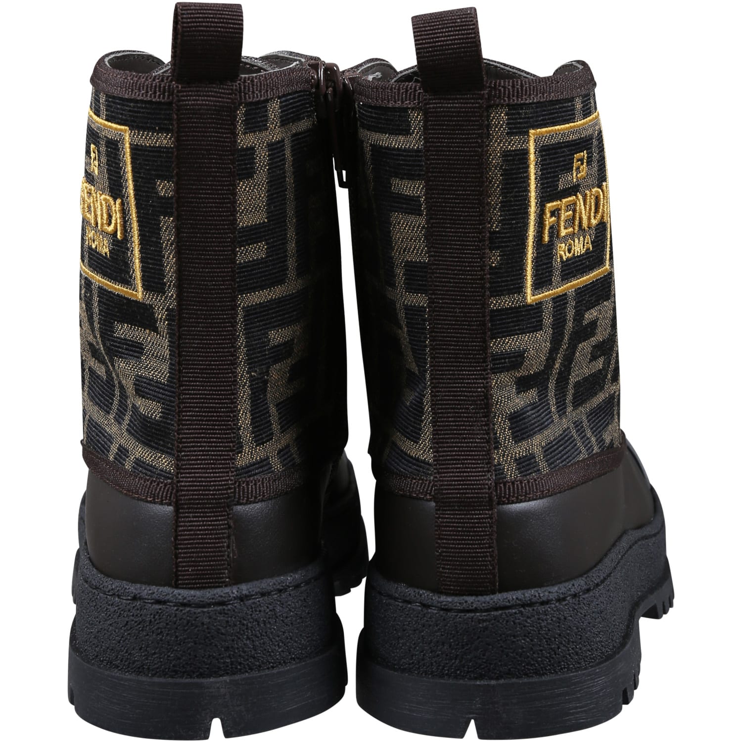 Shop Fendi Brown Combat Boots For Kids With Ff Logo