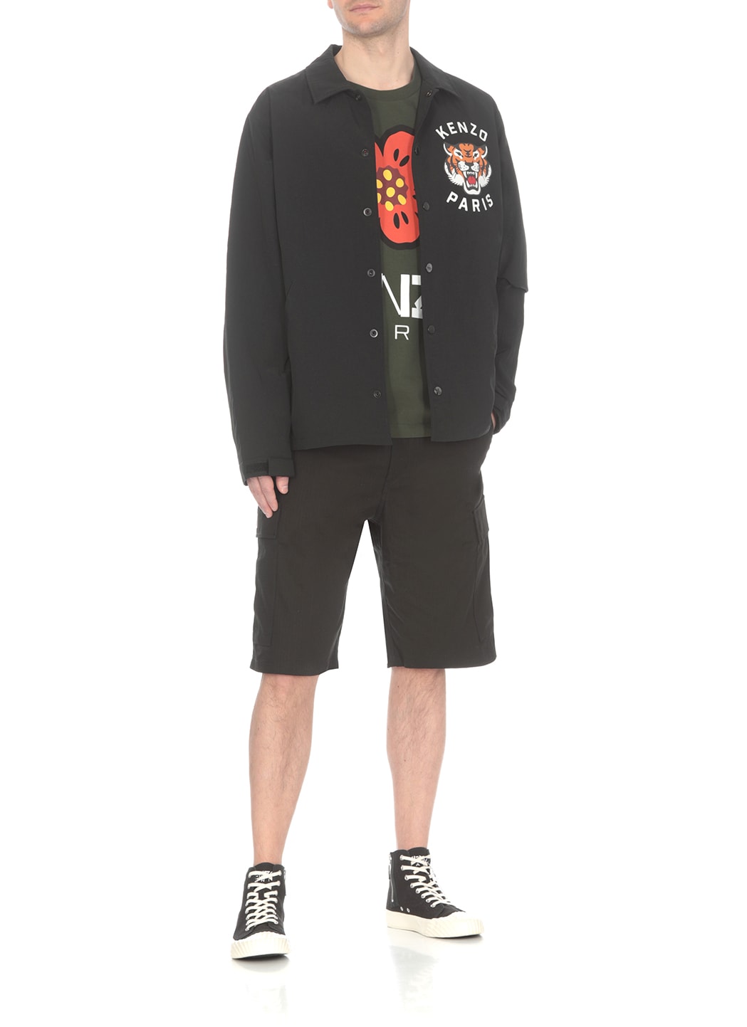 Kenzo Black Overshirt With Tiger Embroidery In Tech Fabric Man In Black